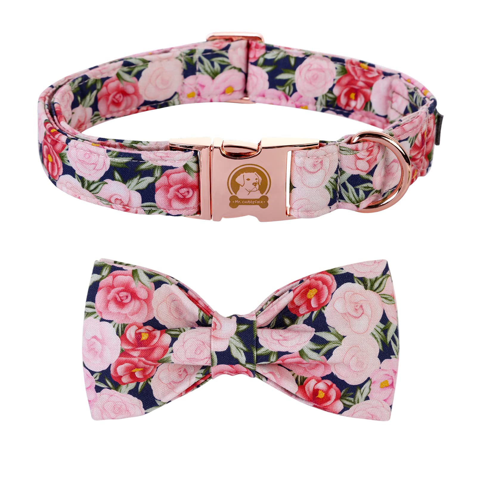 Mr. Chubbyface Floral Dog Collar with Bow - Adjustable Soft Puppy Collar for Small Medium Large Dogs - Cute Pink Bowtie Collar for Girl & Boy Dogs - Perfect for Daily Walks, Pet Photos & Special Occasions