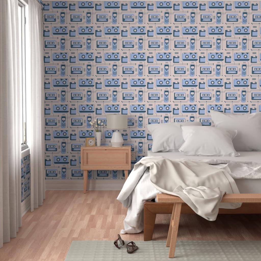 Premium Commercial Grade Wallpaper - 27ft x 2ft Roll, 2000S Light Blue & Dusty Pink Cassette Pattern, Traditional Phone Design by Spoonflower | Perfect for Living Rooms, Bedrooms, and Home Offices