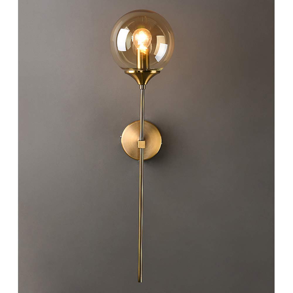 Vintage Industrial Wall Sconce with Amber Glass Globe - Long Arm Gold Wall Lamp for Bedroom, Living Room & Hallway - Elegant Bedside Reading Light & Decorative Wall Lighting for Home Decor