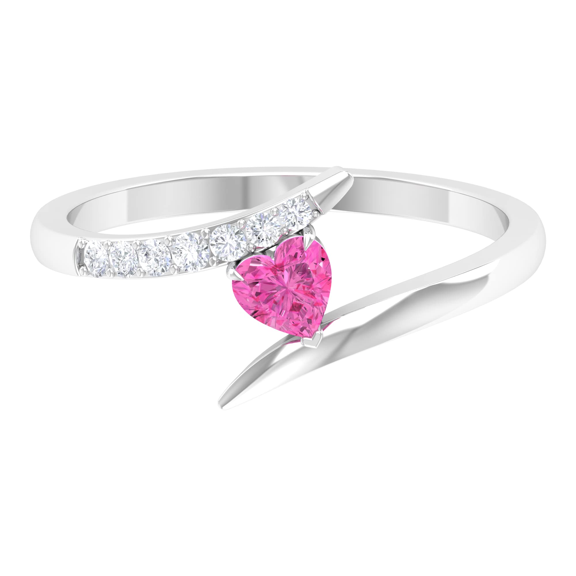 14K Solid Gold Pink Sapphire Heart Promise Ring with Diamond Accents - Elegant Bypass Design for Engagement, Anniversary & Romantic Gifts