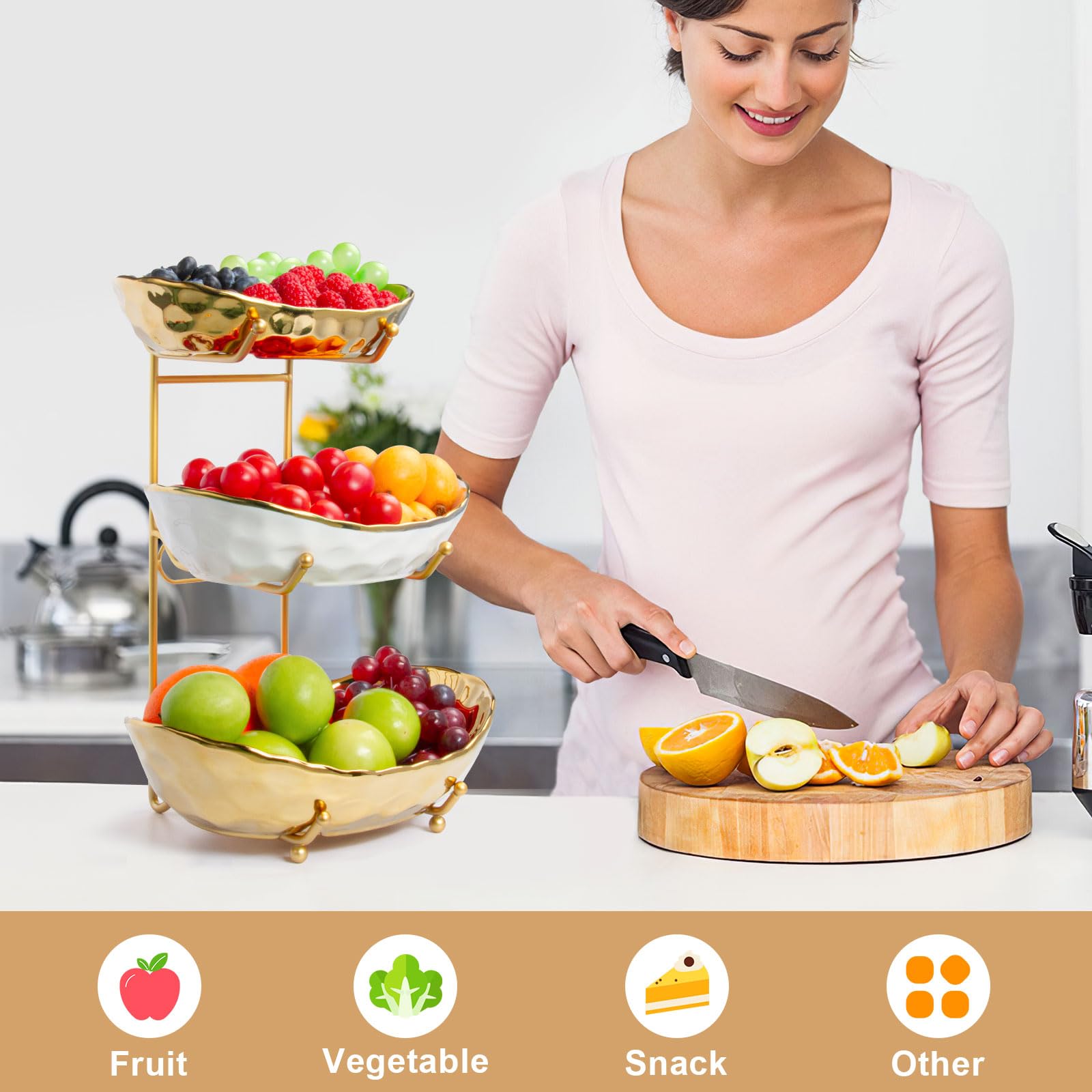 3-Tier Ceramic Fruit Bowl for Kitchen Counter - Large Capacity Modern Multi-Layer Fruit Basket Display Stand - Gold (Perfect for Parties, Dining Room Decor & Healthy Snack Organization)