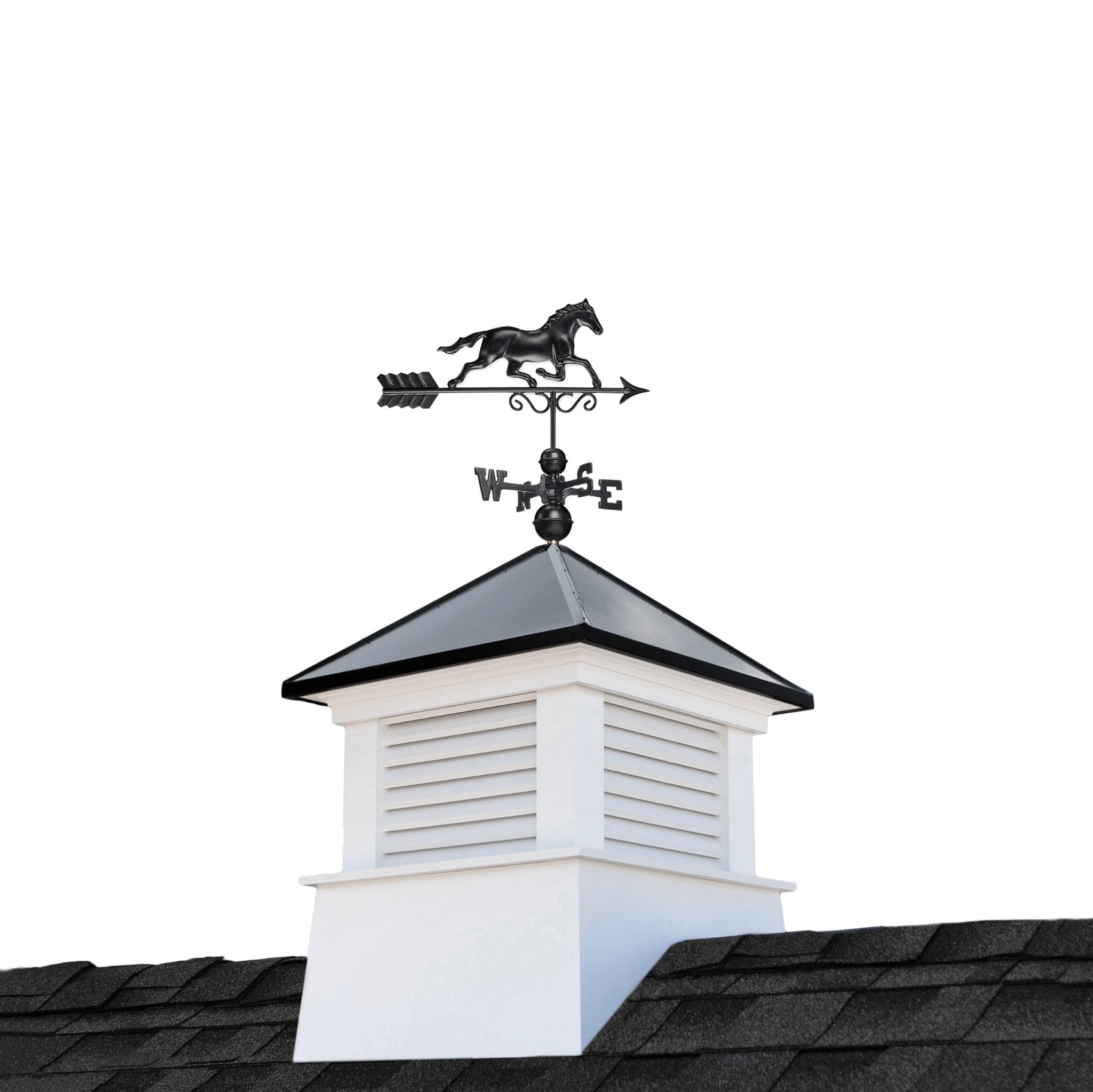30 Square Manchester Vinyl Cupola with Black Aluminum Roof & Horse Weathervane - Perfect for Barn, Shed, or Garage Ventilation & Decoration