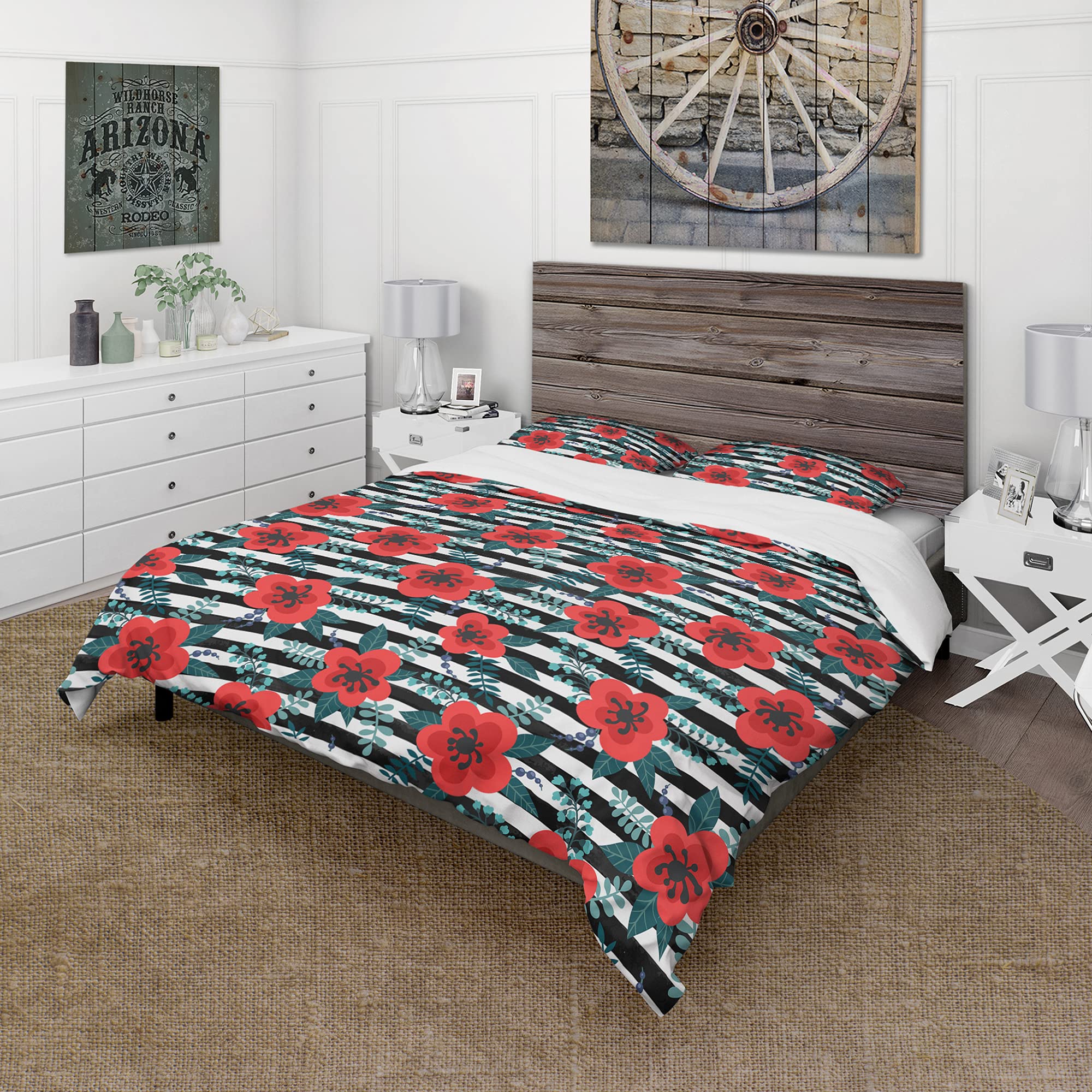 DesignQ Floral Duvet Cover Set - Red Flowers with Leaves, Branches and Berries | Queen/King Size Bedding | Perfect for Spring & Summer Home Decor