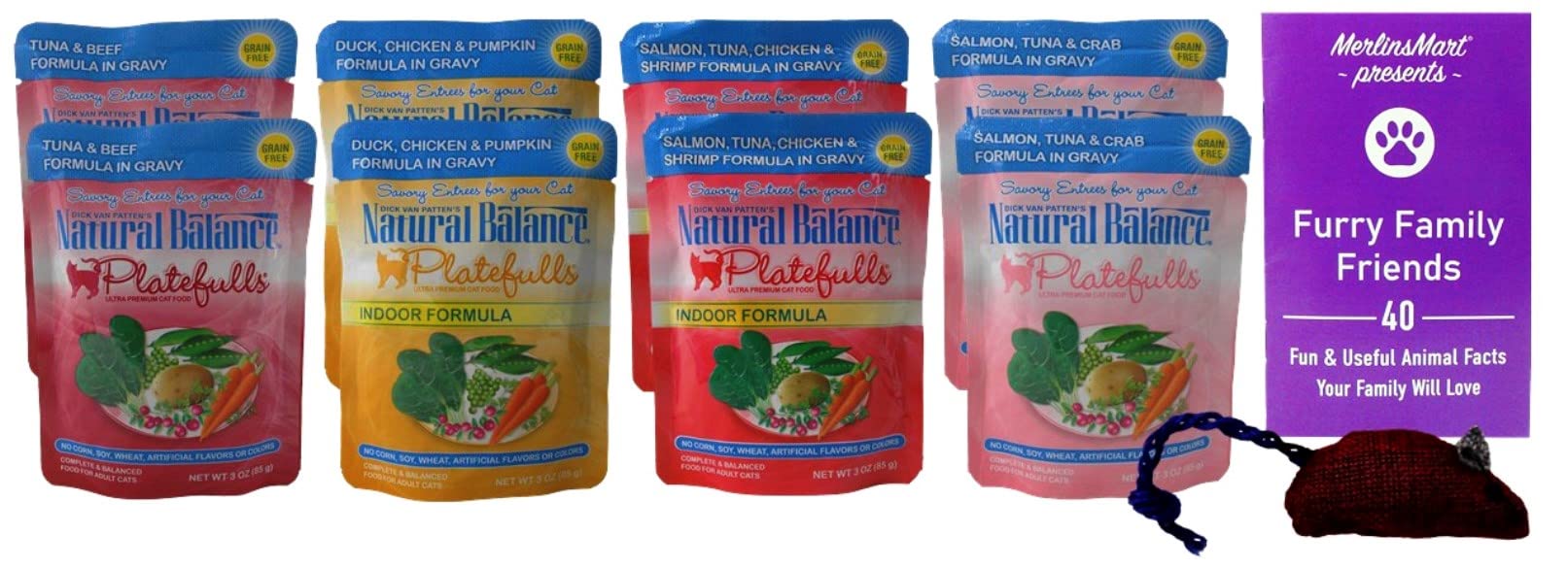 Natural Balance Platefulls Wet Cat Food Variety Pack - 8 Pouches (4 Flavors: Tuna Beef, Duck Chicken Pumpkin, Salmon Tuna Chicken Shrimp, Salmon Tuna Crab) 3oz Each with Free Toy & Fun Facts Booklet - High Protein Grain-Free Cat Food for Adult & Senior Cats - Perfect for Mealtime Variety & Picky Eaters