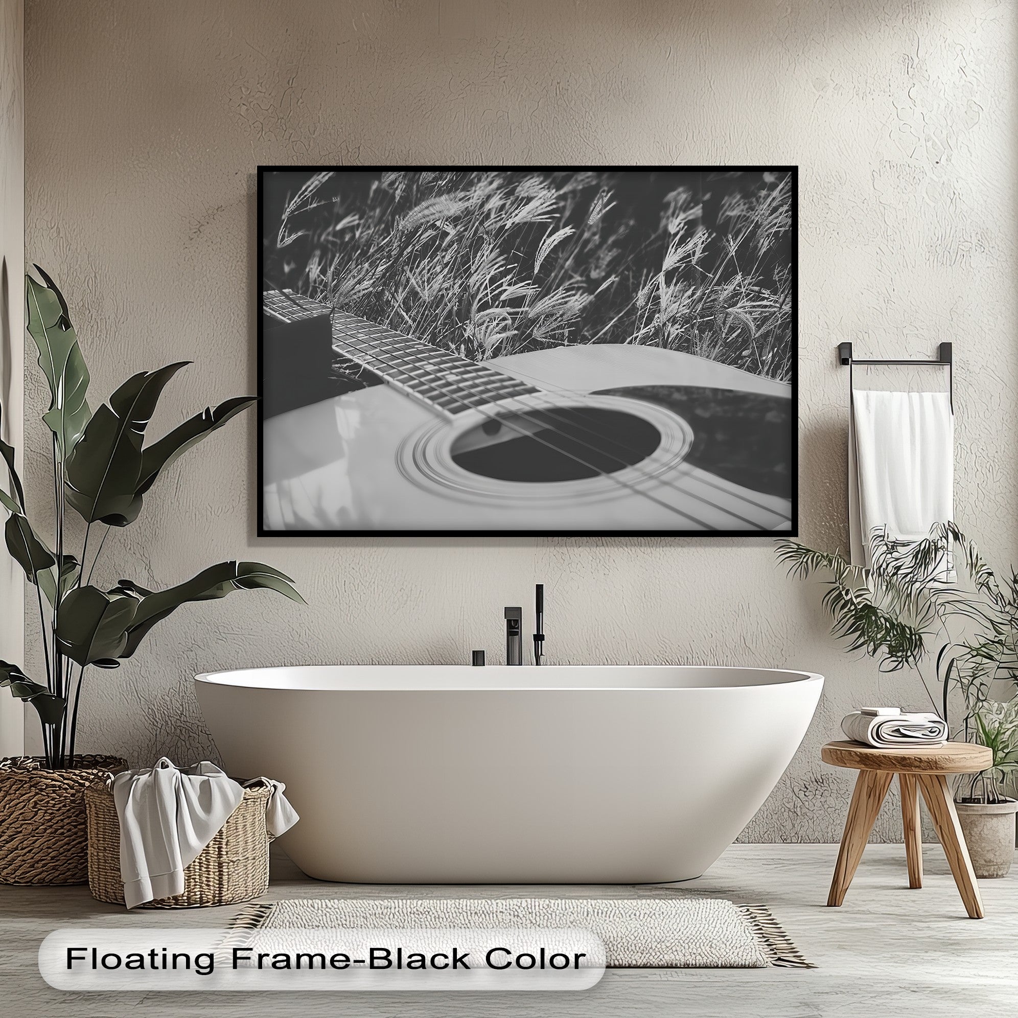 Acoustic Guitar in Field - Black and White Nature Music Canvas Prints | Wall Art Decor for Living Room, Bedroom & Office | Music Lover Gift