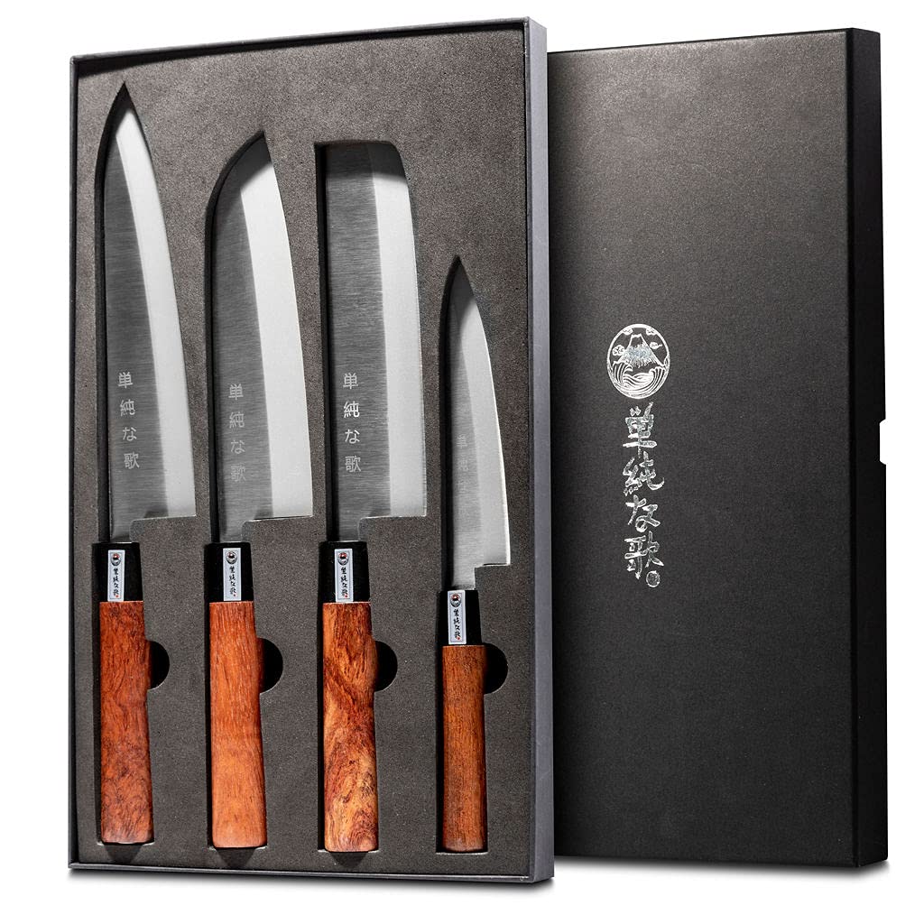Premium Japanese Chef Knife Set - Gyuto, Santoku, Nakiri & Petty Knives with Full Tang & High Corrosion Resistance - Perfect for Sushi, Meat Cutting & Vegetable Prep in Professional & Home Kitchens
