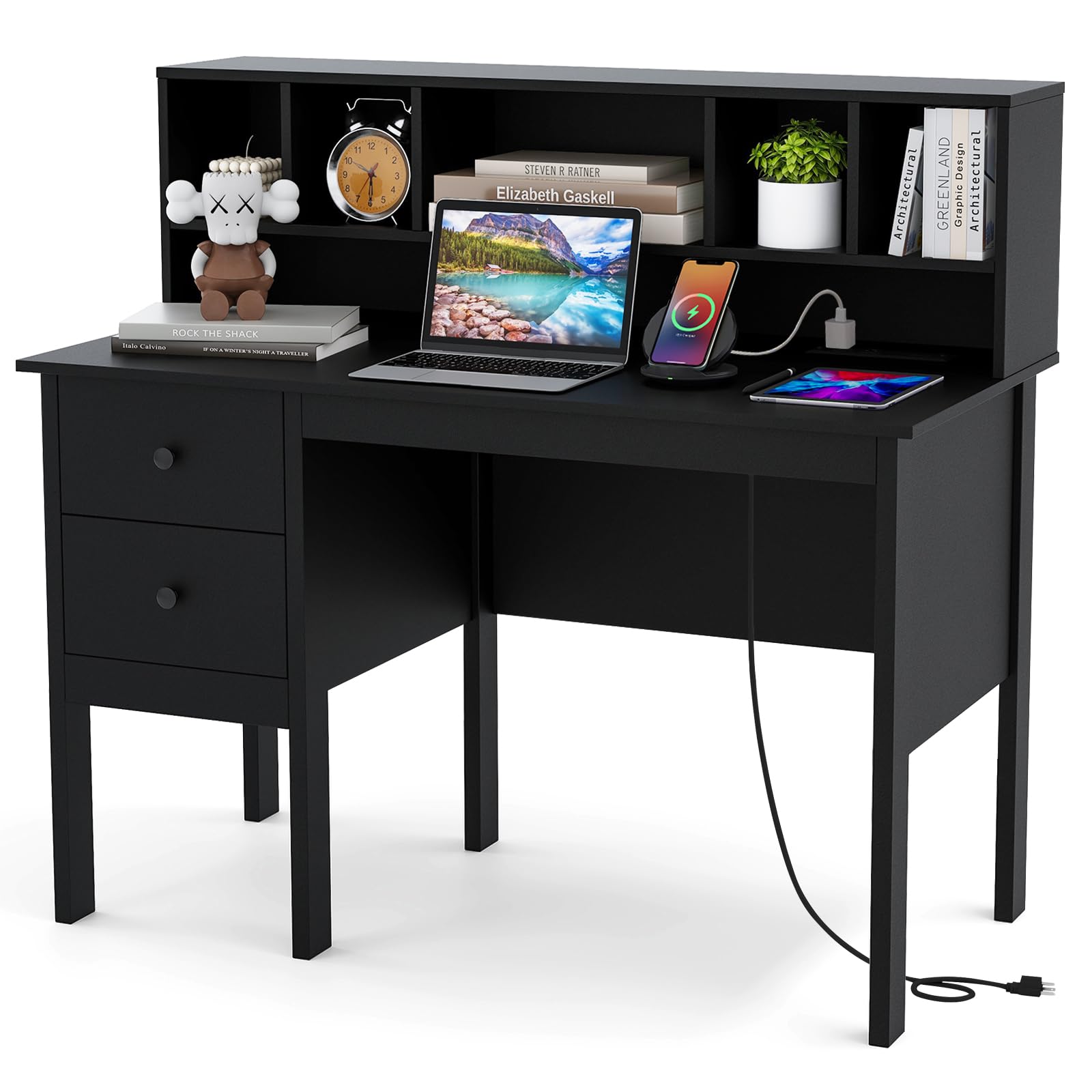 Tangkula Black Modern Home Office Desk with Drawers, Hutch, Power Outlets & USB Ports - Study Writing Desk with 5-Cubby Storage, Computer Workstation & Makeup Vanity for Small Spaces, Home Office & Dorm Rooms