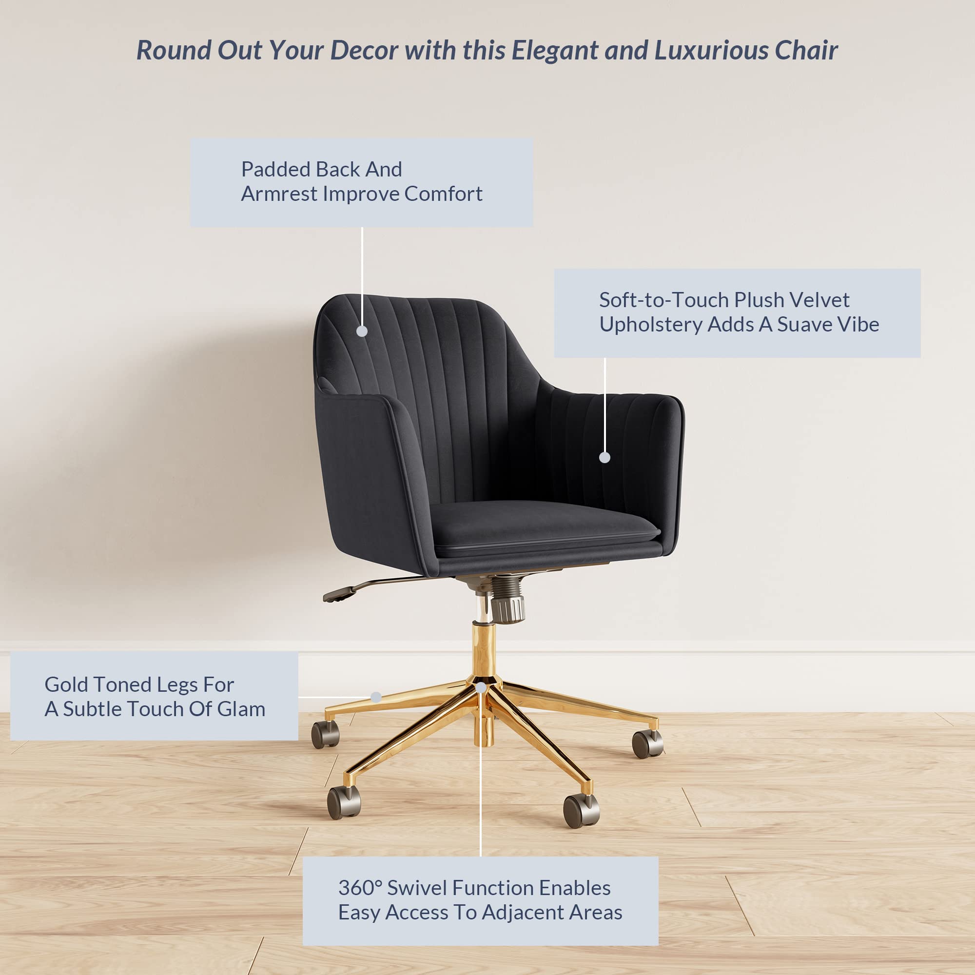 BELLEZE Modern Upholstered Velvet Swivel Office Chair with Adjustable Height - Rolling Desk Chair for Home Office, Gaming, Study - Black & Gold Accent Ergonomic Computer Chair for Work & Vanity