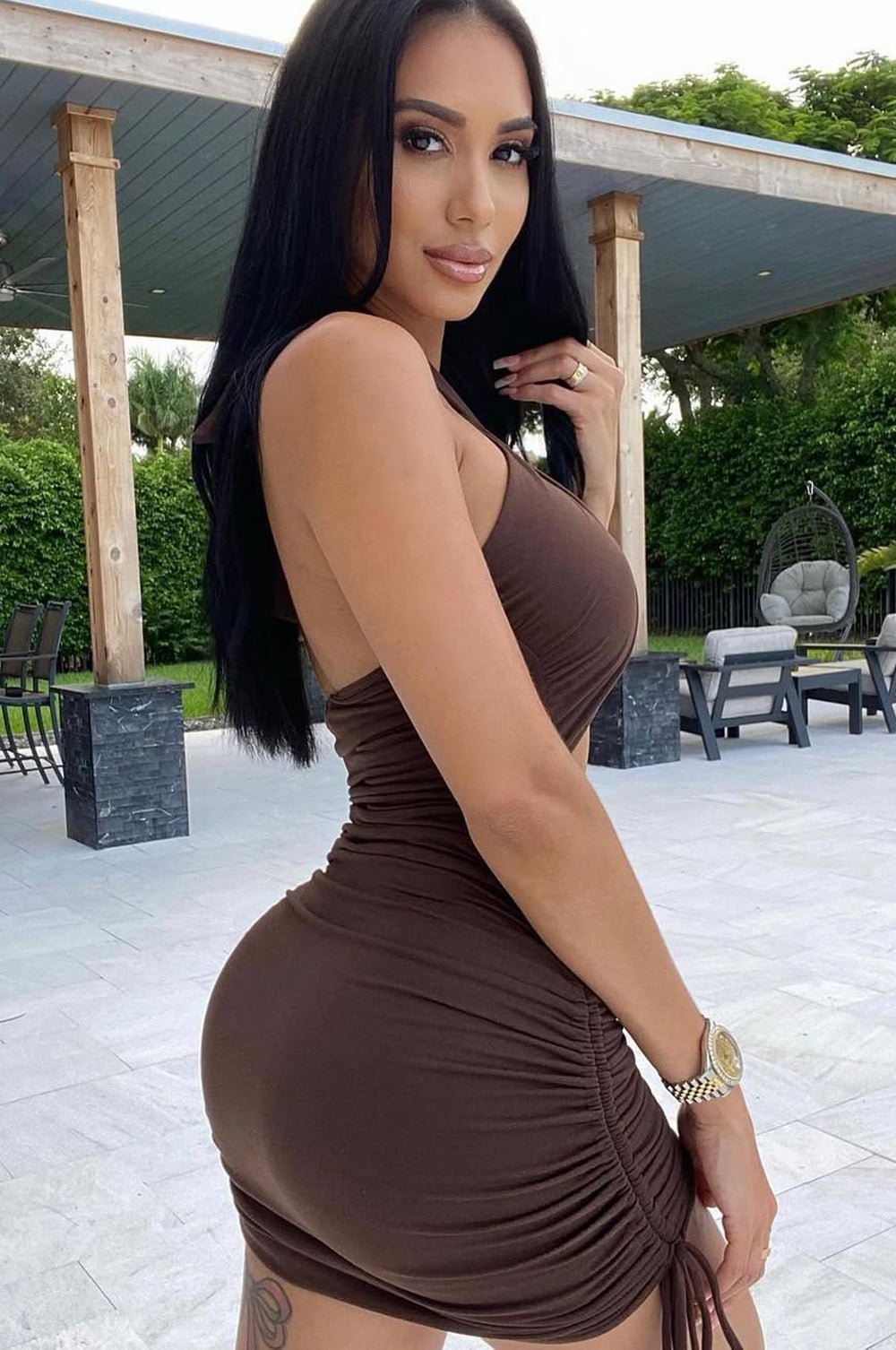 Sexy Chocolate Halter Crisscross Cut Out Ruched Bodycon Dress for Women - Perfect for Date Night, Cocktail Parties & Summer Vacations