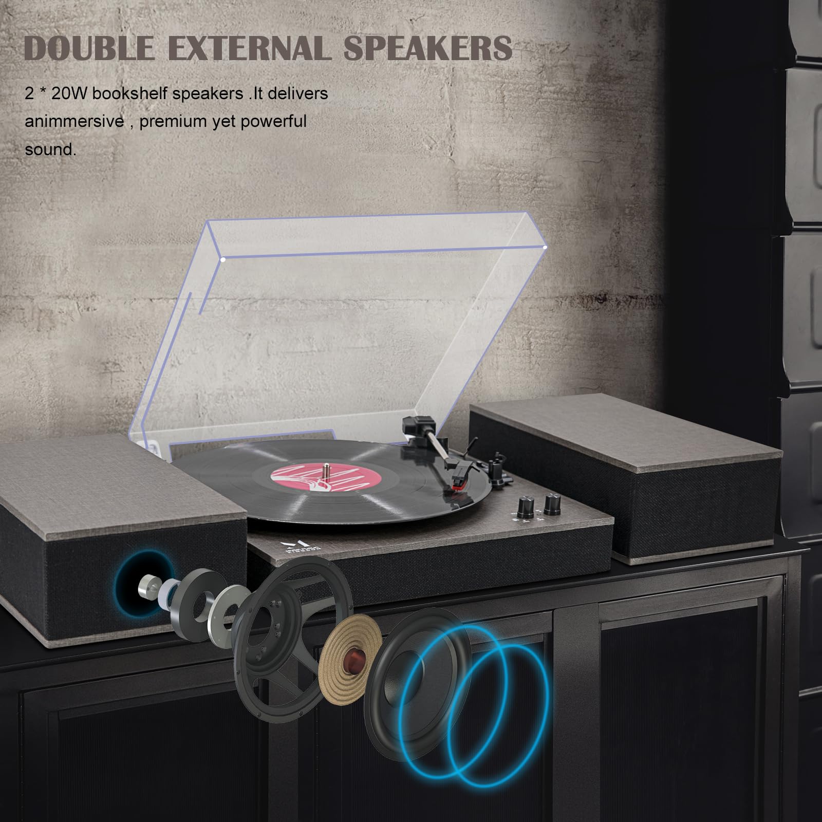 MPK Bluetooth Record Player - 3-Speed Belt-Drive Vinyl Turntable with HiFi Bookshelf Speakers | Wireless Playback & Auto-Stop | Grey Cloth Pattern | Perfect for Home Entertainment & Vinyl Collection