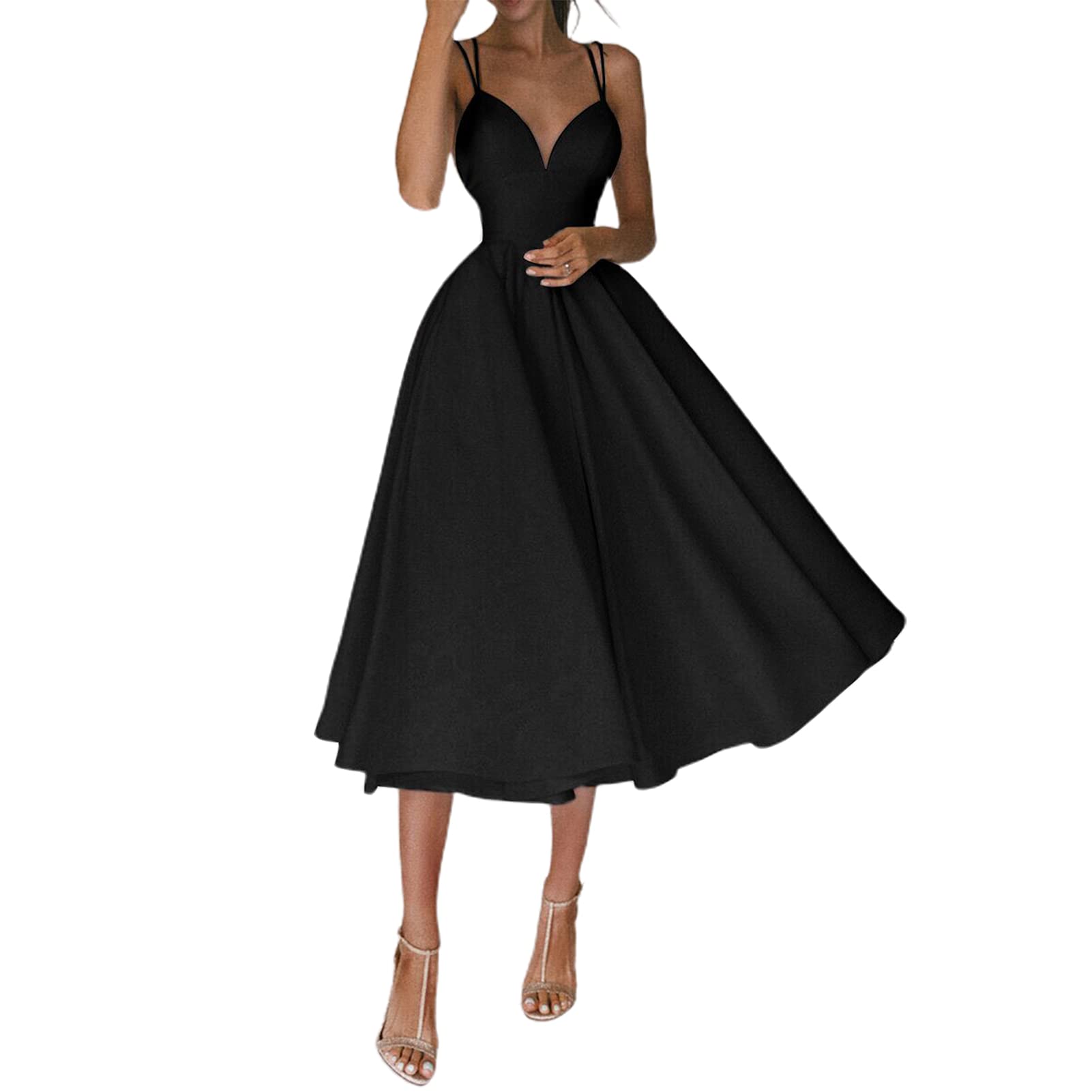 BESUFY Women's Formal Deep V Neck Spaghetti Strap Off Shoulder Midi Dress - Elegant Banquet & Evening Party Gown in Black Size S