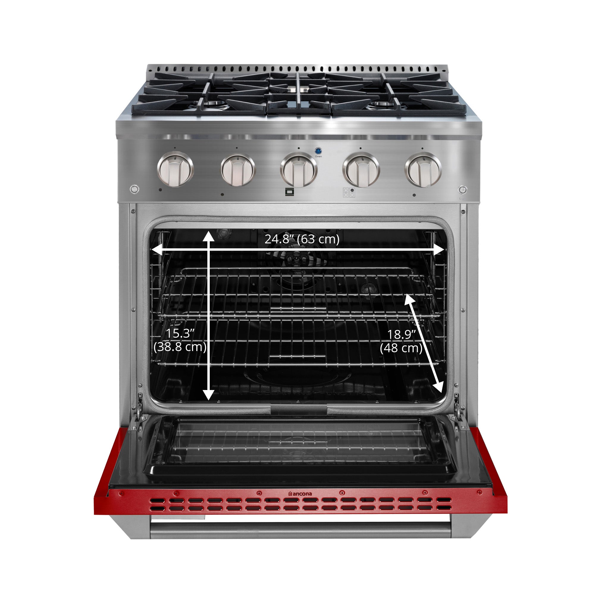 Ancona 30 Inch 4.2 cu ft Stainless Steel Dual Fuel Range with 4 Burners, Convection Oven & Red Door - Perfect for Home Kitchen, Baking & Cooking