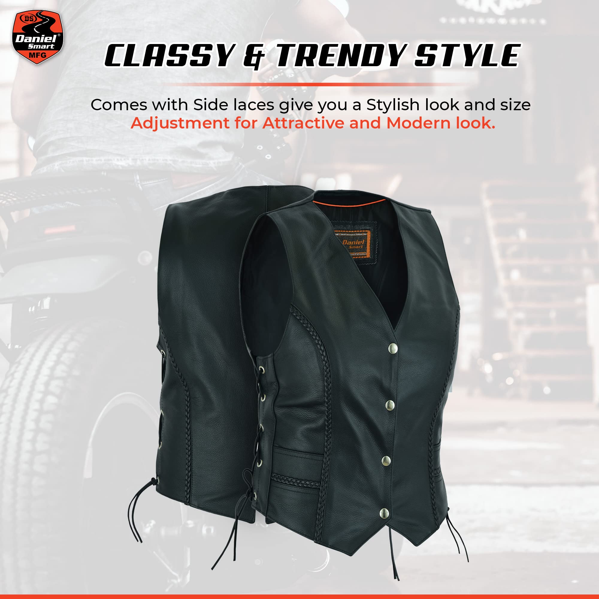 Daniel Smart Women's Leather Vest with Braid Detail – Stylish Side Lace Design & Hidden Armory Pocket | Perfect for Motorcycle Riding, Outdoor Adventures & Fashion Layering