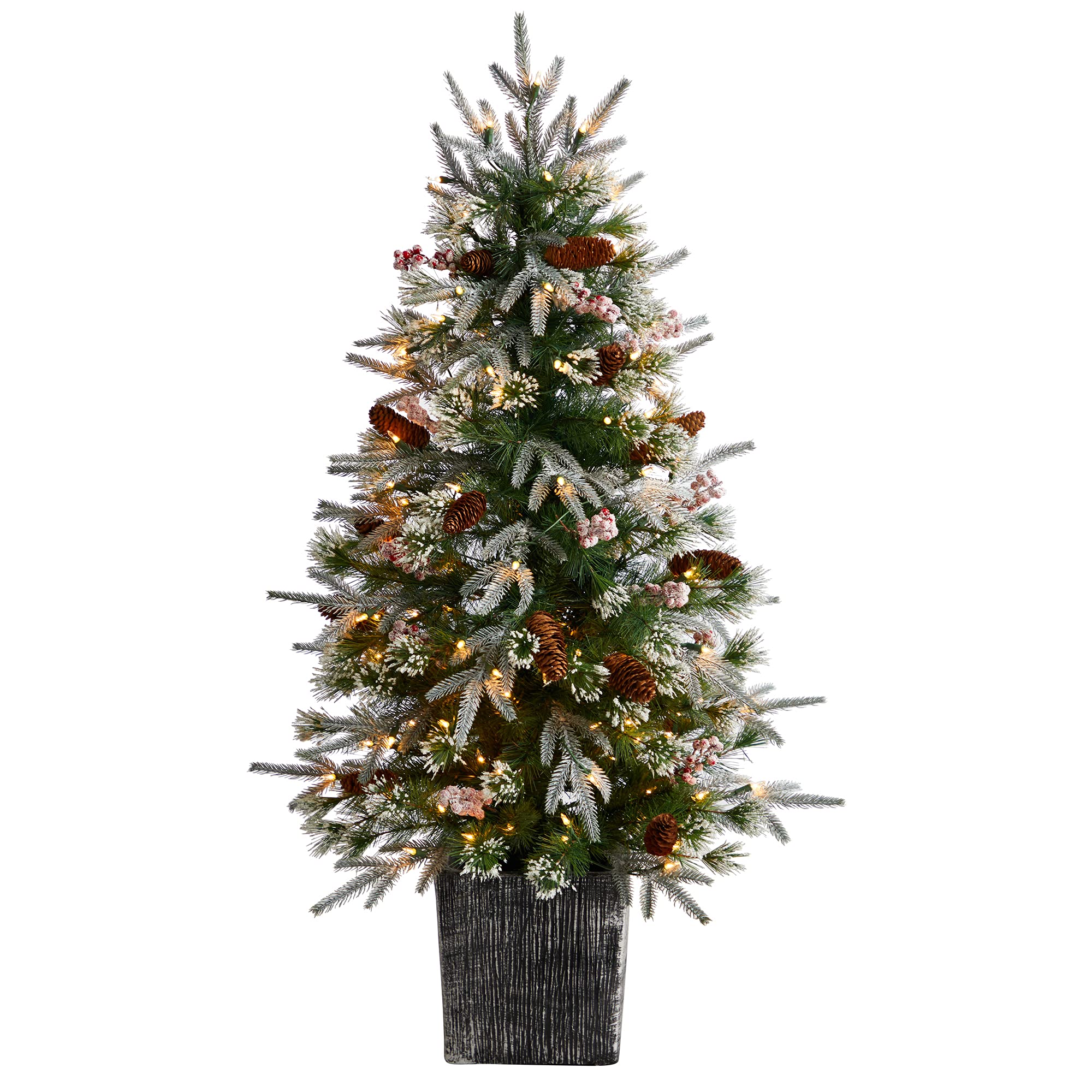 Nearly Natural 4ft Pre-Lit Frosted Artificial Christmas Tree with 105 Warm White LED Lights & Berries in Decorative Planter - Perfect for Home, Office, and Holiday Decorations