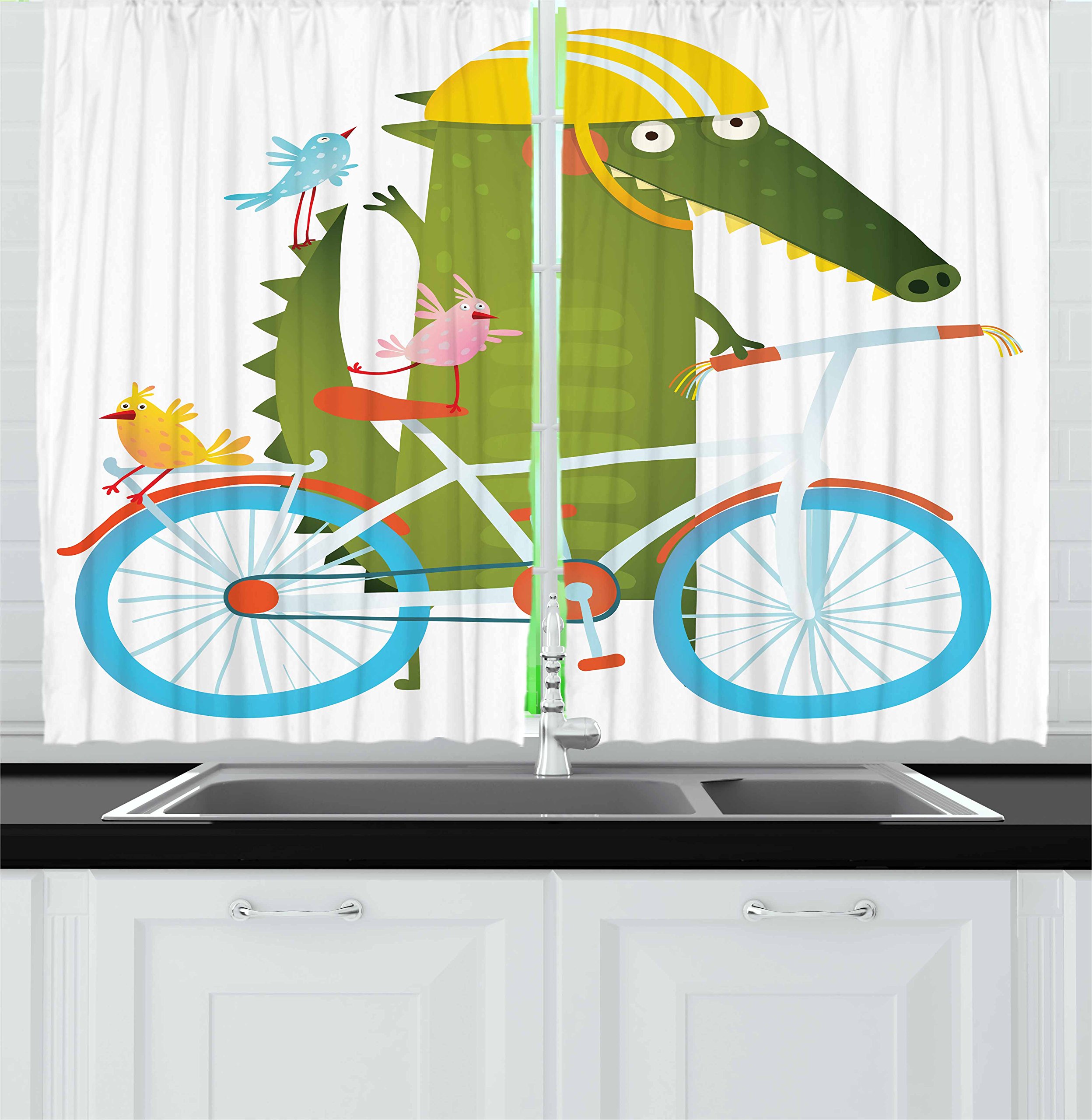 Ambesonne Funny Kitchen Curtains - Green Crocodile Cartoon Design with Yellow Hat Riding Bike, 2-Panel Window Drapes Set for Kitchen & Cafe Decor, 55 x 39 Inches, Multicolor - Perfect for Adding Playful Style to Your Home, Office or Restaurant