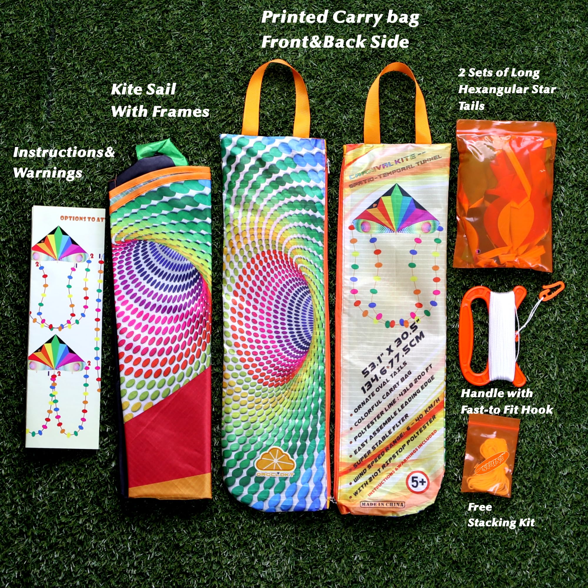 ORGCLDKT Carnival Rainbow Delta Kite with Star & Oval Tails - Easy to Fly Kite for Kids Ages 5-12, Teens & Adults - Perfect for Beach, Park & Outdoor Family Fun - Includes Colorful Carry Bag & Simple Assembly