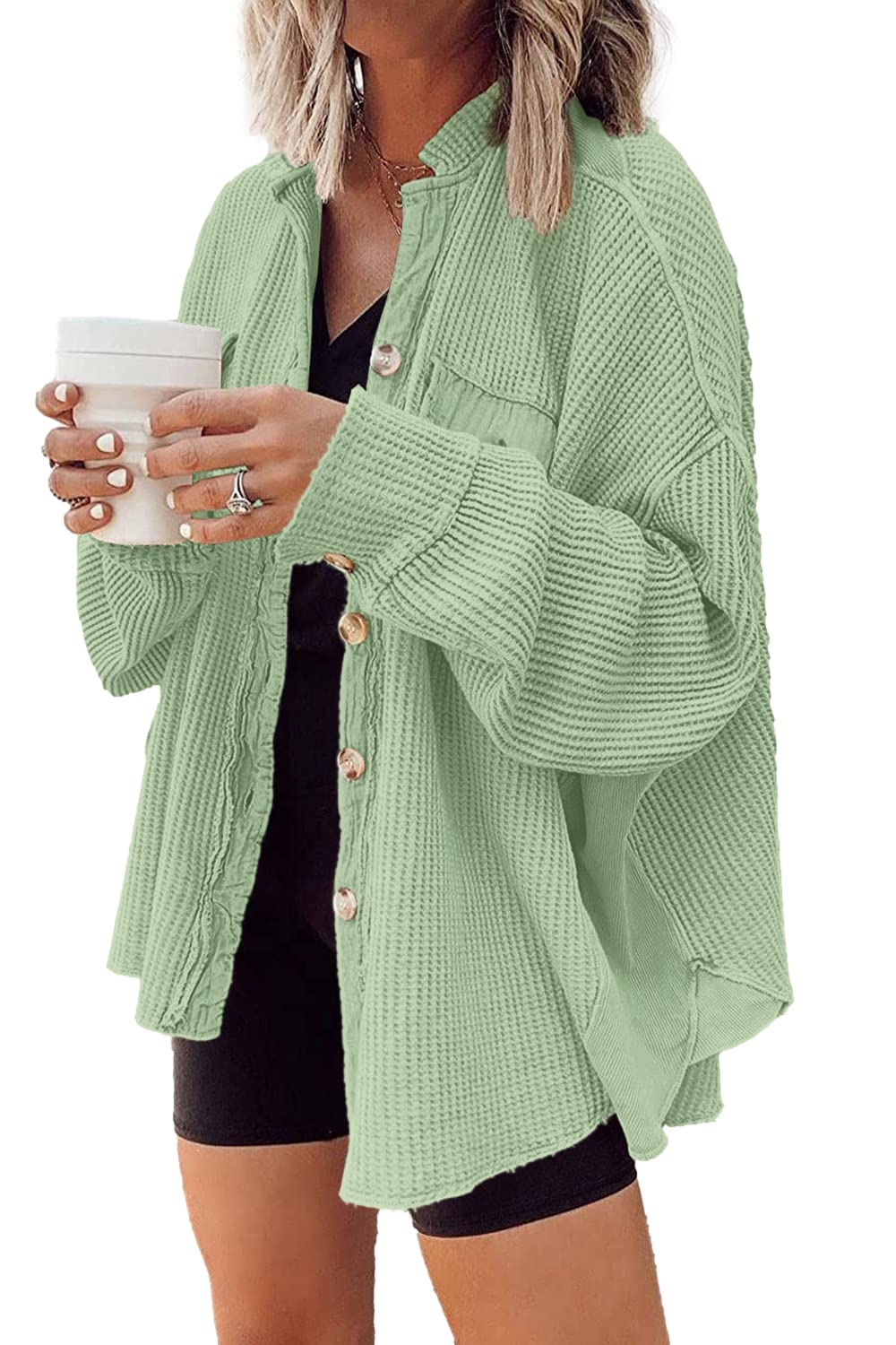 Yanekop Women's Waffle Knit Button Down Shirt Jacket - Oversized Long Sleeve Shacket for Trendy Fall & Winter Outfits 2025 | Casual Layering, Streetwear Fashion, Office to Weekend Style