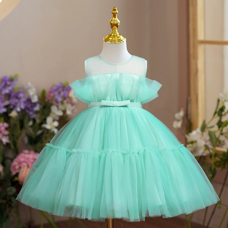 Mint Green Princess Round Tea Length Tulle Flower Girl Dress for Weddings, Bridal Showers & Special Occasions