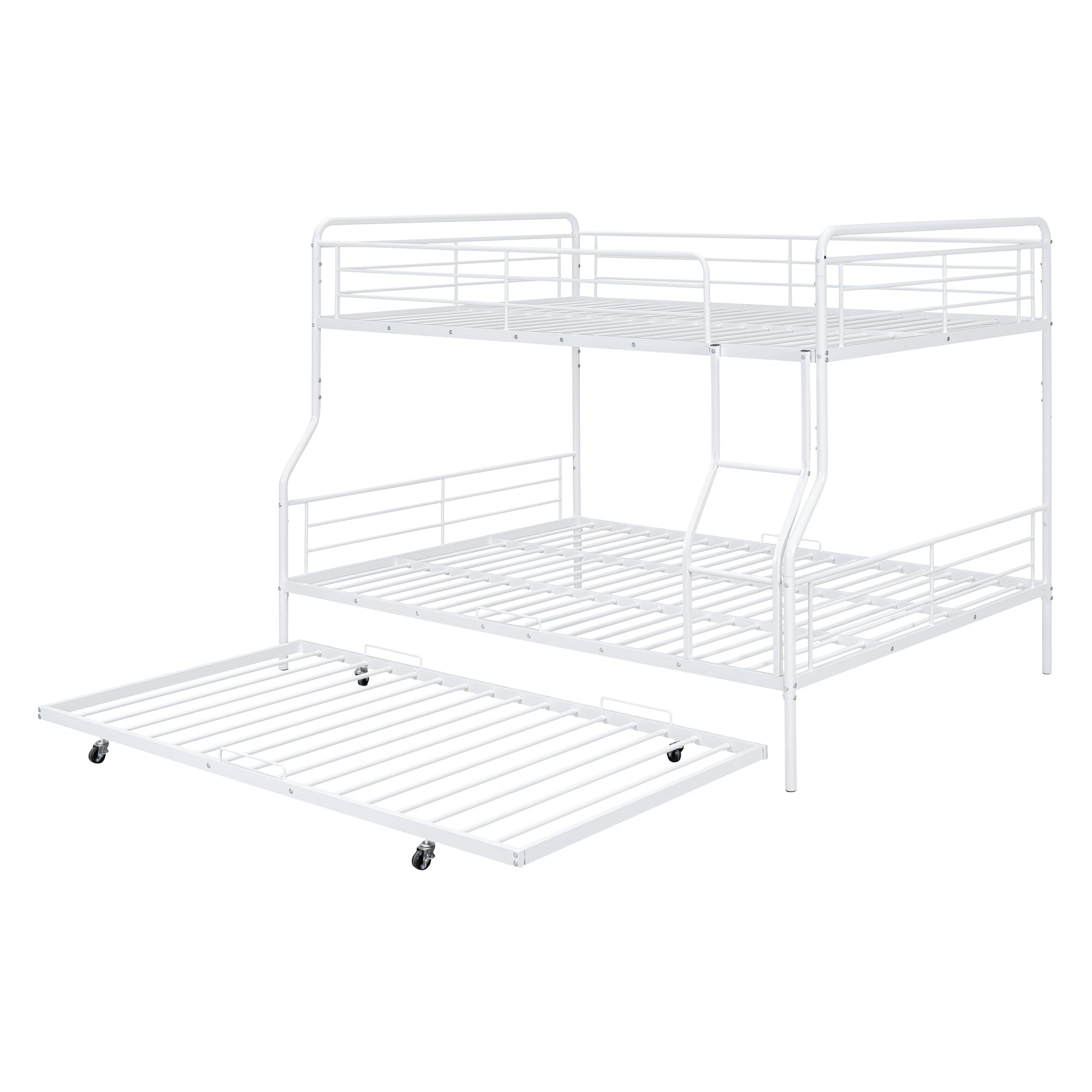 Merax Full XL Over Queen Metal Bunk Bed Frame with Twin Size Trundle & Full-Length Guardrails - Sturdy Space-Saving Bunk Bed for Teens, Kids, Boys & Girls - Perfect for Dorms, Guest Rooms & Small Bedrooms (White)