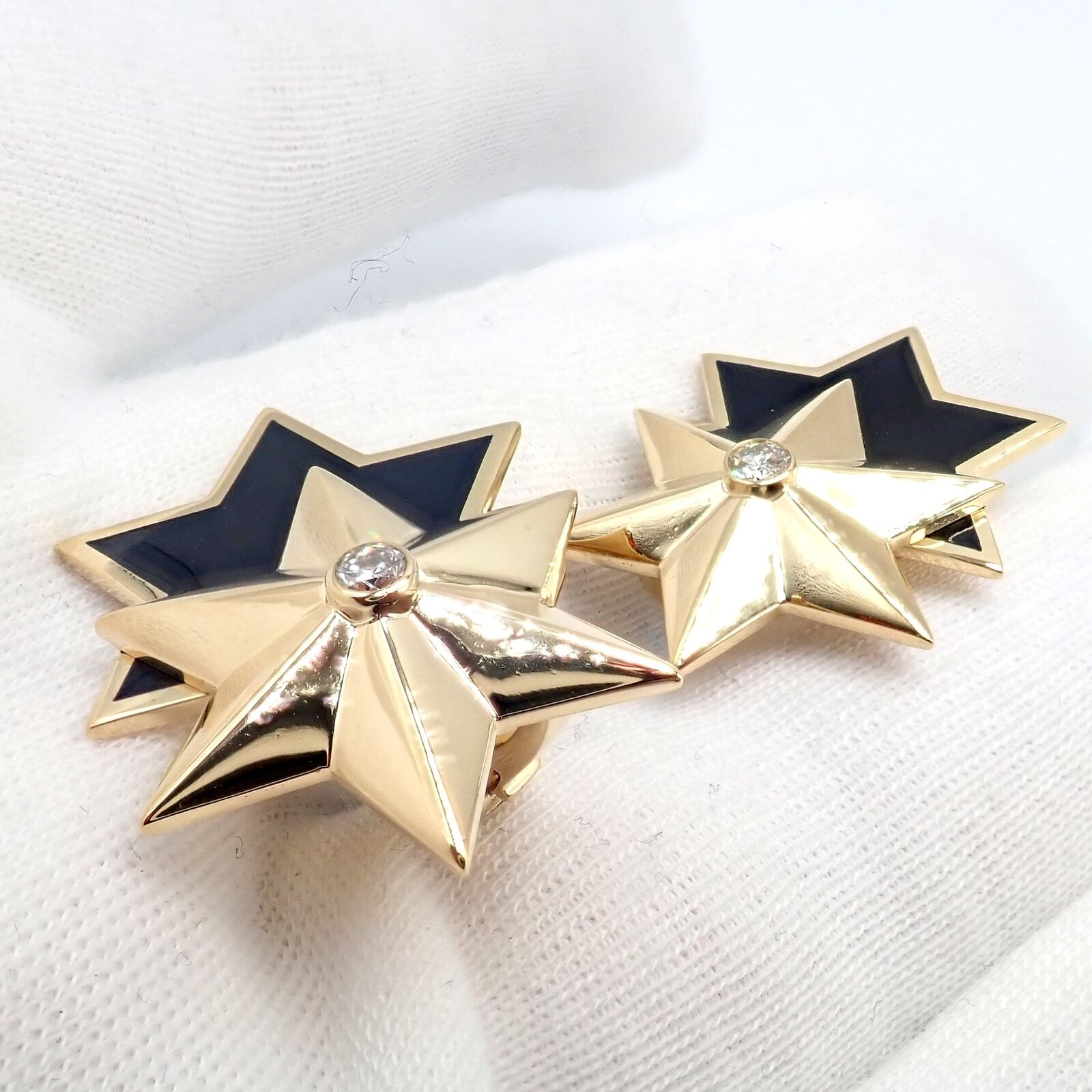 Authentic Verdura 18k Yellow Gold Diamond Black Enamel Double Star Earrings - Luxury Jewelry for Evening Gala & Special Occasions
