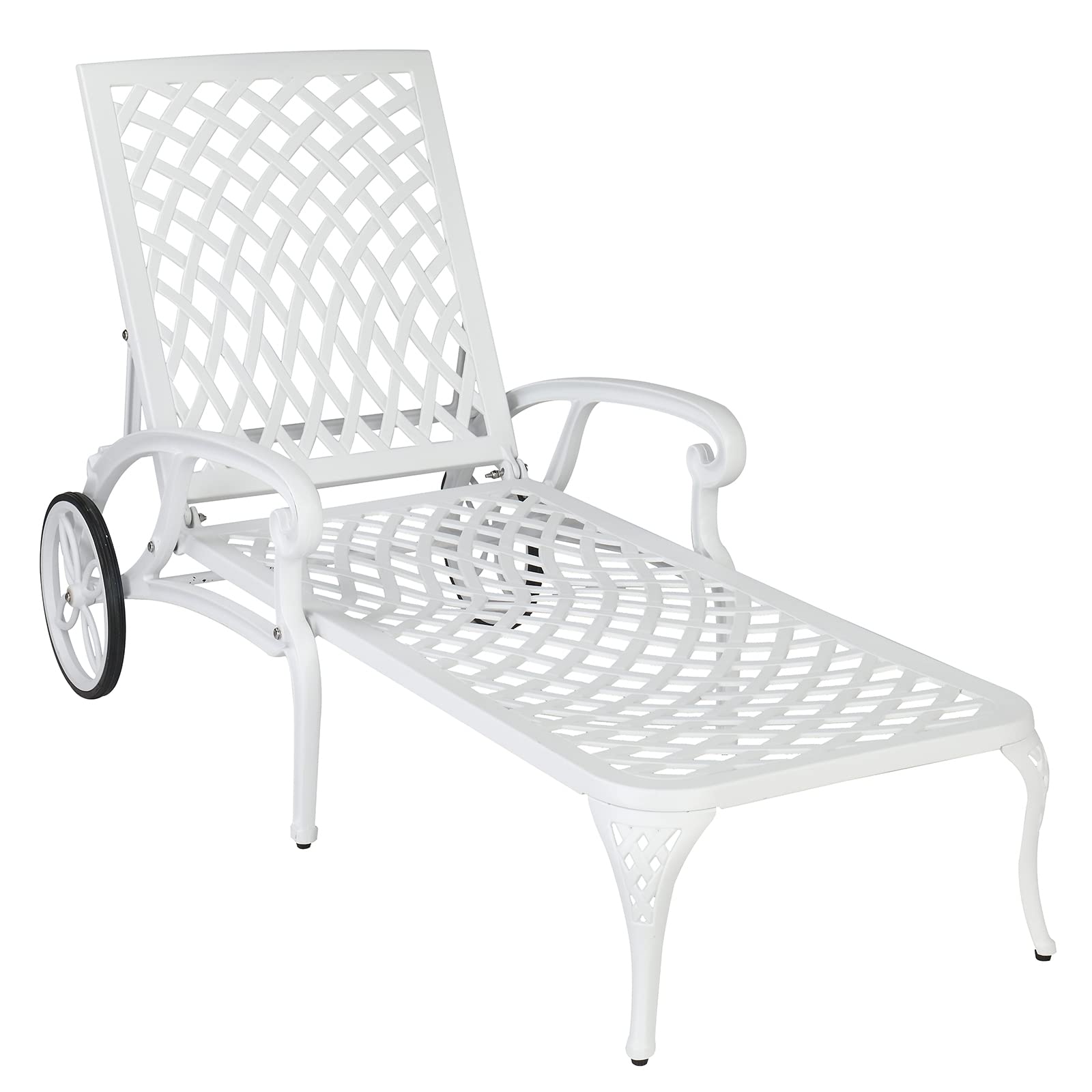 VINGLI White Cast Aluminum Outdoor Chaise Lounge Chair with Wheels - 3-Position Adjustable Backrest, Patio Tanning Chair for Poolside, Beach & Backyard Relaxation (Cushion Not Included)