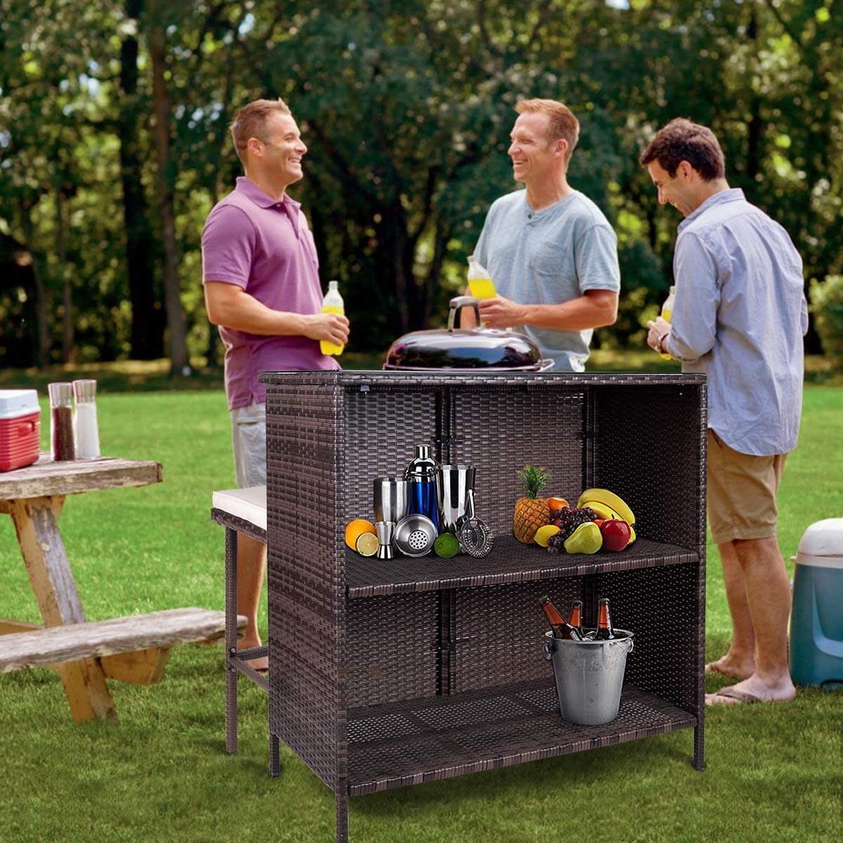3PCS Outdoor Patio Bar Set with Stools & Glass Top Table - Beige Wicker Furniture with Removable Cushions for Backyard, Porch, Garden, Poolside - Perfect for Outdoor Entertaining & Relaxation