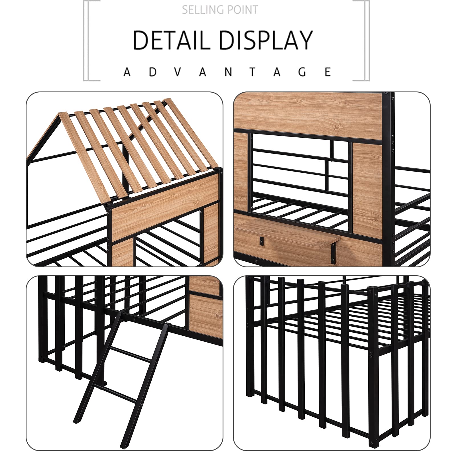 **Metal Twin Loft Bed with Roof & Window - Low Profile Kids Loft Bed with Guardrail for Boys & Girls - Sturdy Black MDF Design - Perfect for Small Bedrooms & Playrooms**