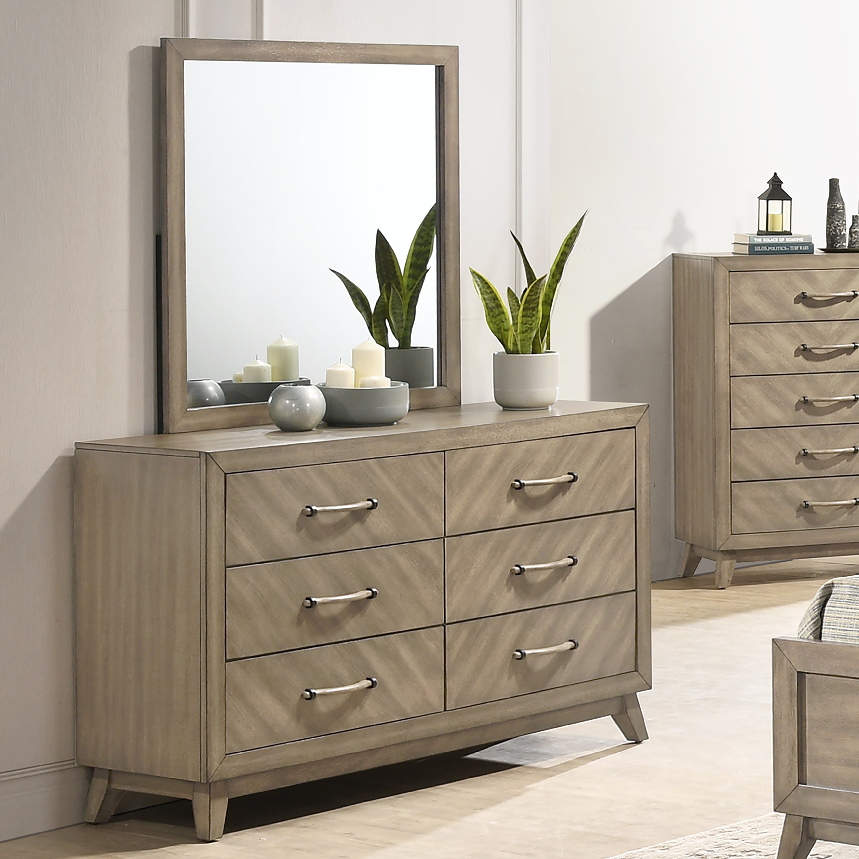 Roundhill Furniture Arena Contemporary 6-Drawer Dresser with Mirror in Antique Gray - Modern Bedroom Storage Solution for Home Organization & Decor