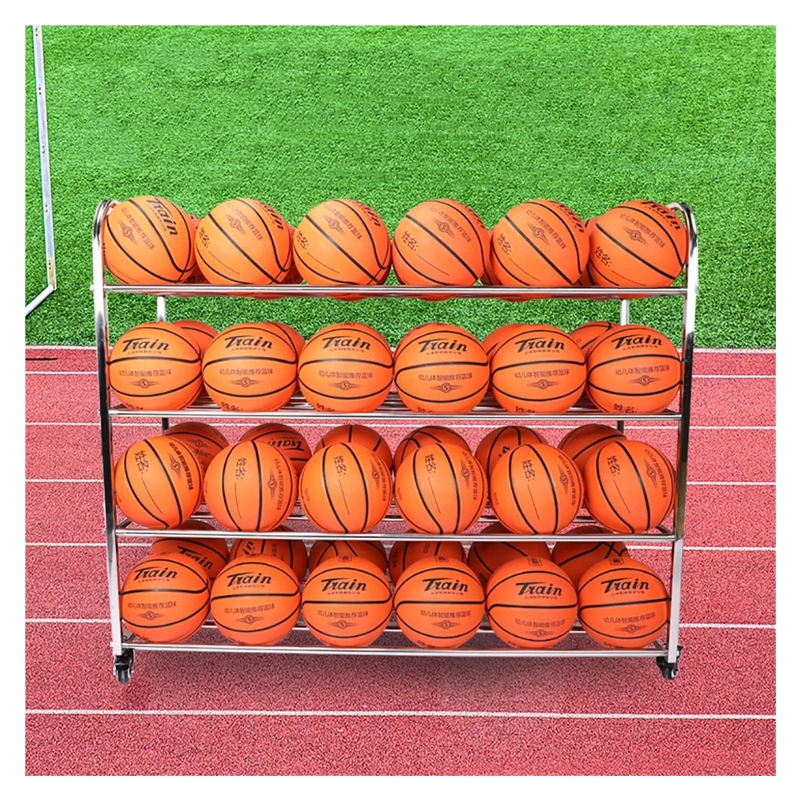 SRNSAEB 4-Tier Heavy Duty Metal Basketball Storage Rack with Wheels - Large Sports Ball Organizer Stand for Basketballs, Footballs, Volleyballs - Perfect for School Gym, Garage, Sports Court & Home Storage