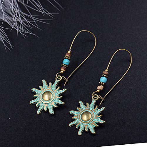 Vintage Bronze Ethnic Teal Green Sunflower Hamsa Hand Pendant Earrings for Women - Long Tassel Dangle Drop Earrings with Feather Rose Flower Design | Perfect for Boho Fashion, Festivals & Special Occasions