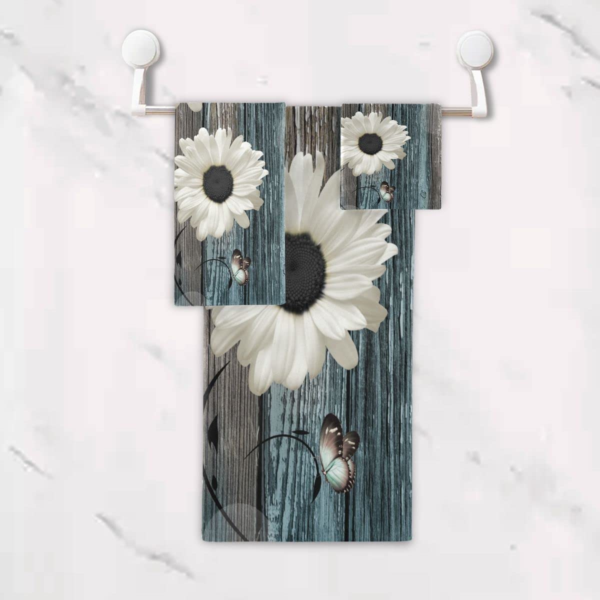 Farmhouse Bath Towels Set - 3 Piece Floral Rustic Daisy Design (1 Bath Towel, 1 Hand Towel, 1 Washcloth) - Soft, Absorbent Cotton for Bathroom & Kitchen - Teal Blue & White Wooden Plank Style - Perfect for Farmhouse Decor, Guest Bathrooms & Cozy Home Use