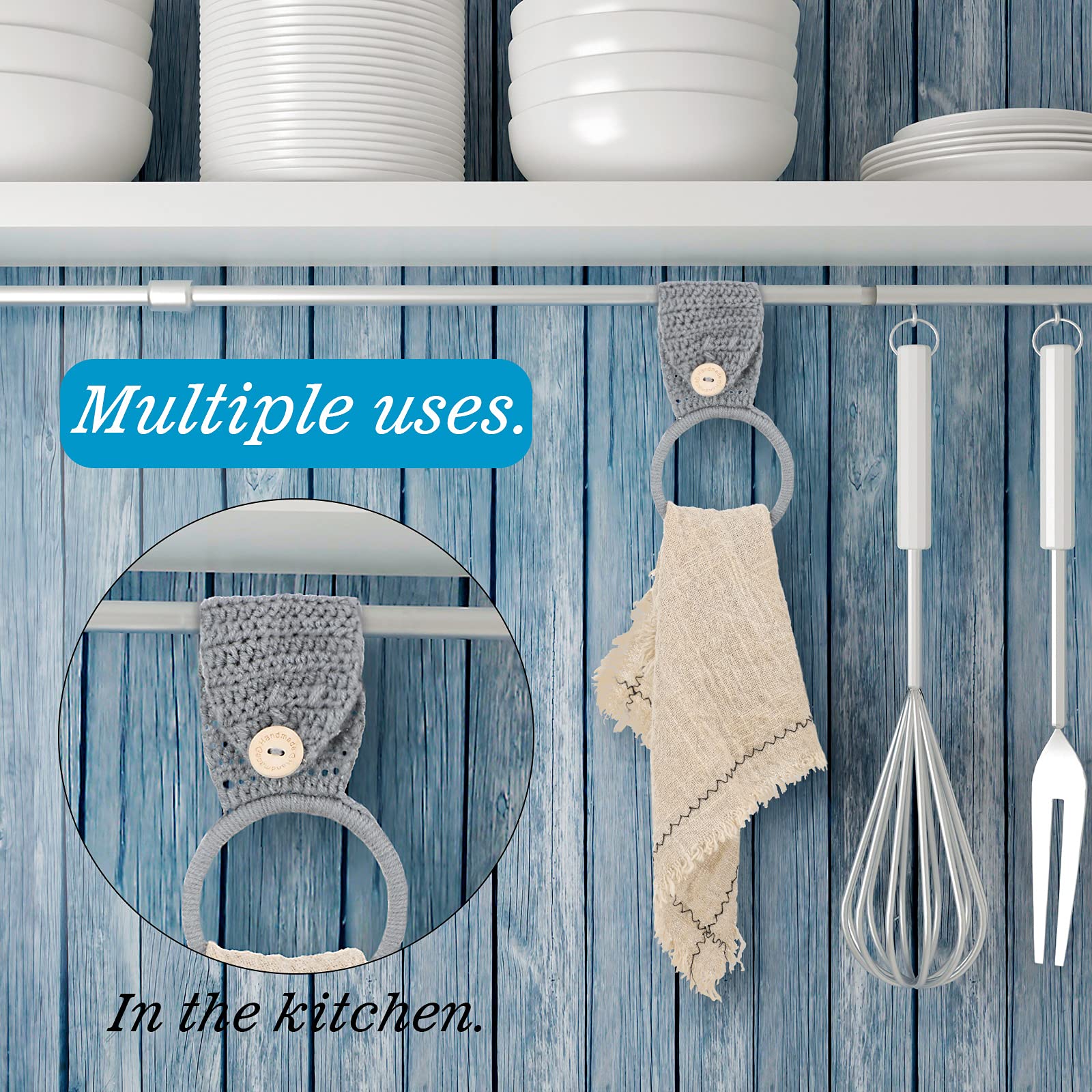 Tatuo 3-Piece Crochet Towel Holder Set - Gray Kitchen & Bathroom Hanging Dish Towel Rings for Oven Handle & Stove - Perfect for Organizing Kitchen Towels, Pot Holders & Dishcloths
