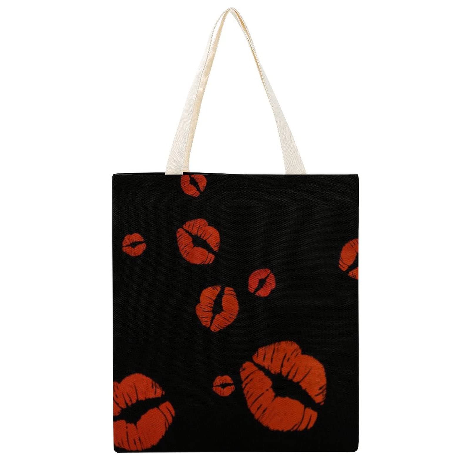 Printed Canvas Tote Bag for Women - Reusable Grocery Shopping Bag with Black Red Lips Design, Durable Handbag for Travel, School & Daily Use | Eco-Friendly Cotton Tote Perfect for Beach, Work & Errands