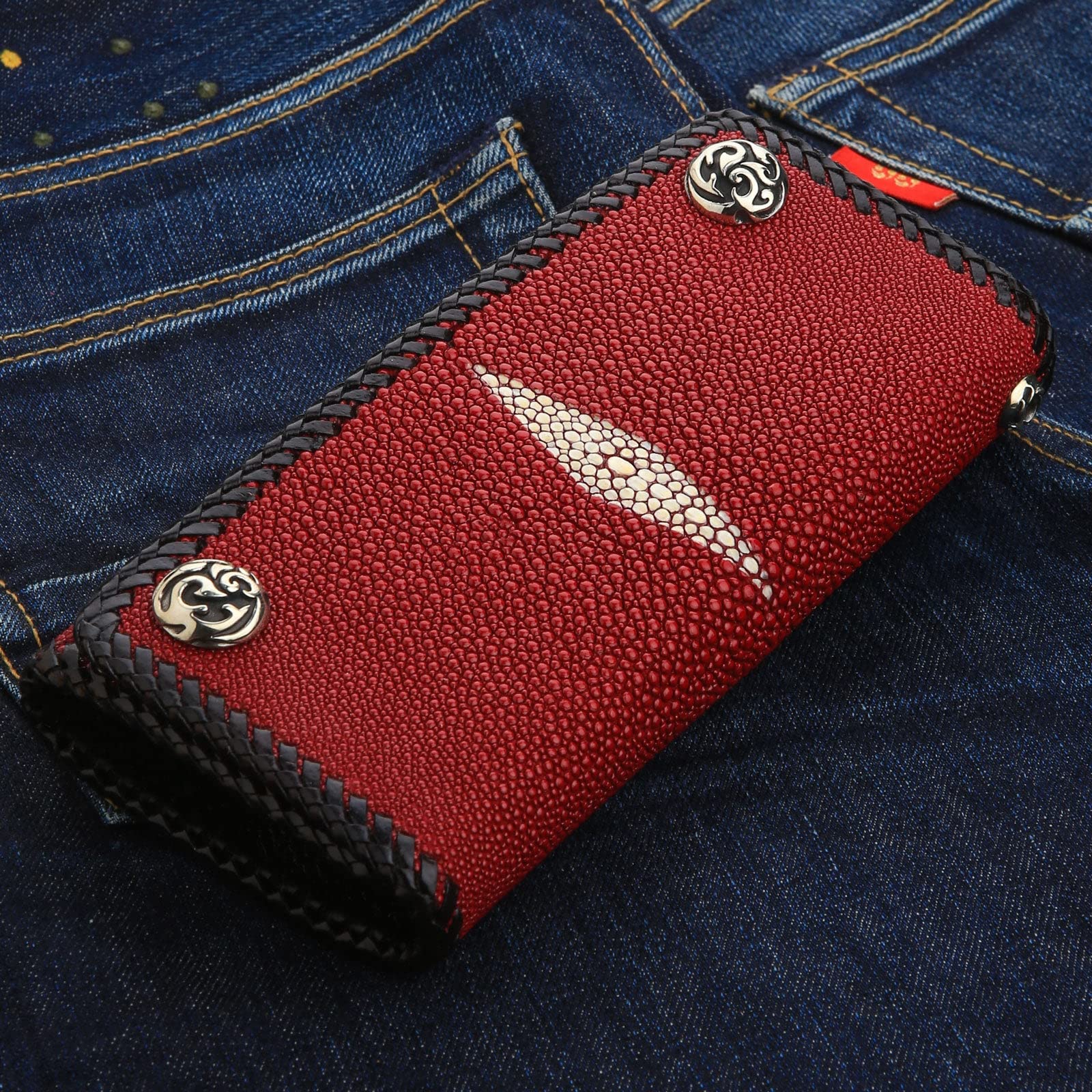 Premium Genuine Red Stingray Skin Biker Wallet - Handmade Leather Motorcycle Wallet for Men - Perfect Gift for Riders & Biker Enthusiasts (Great for Motorcycle Rides, Road Trips & Everyday Use)