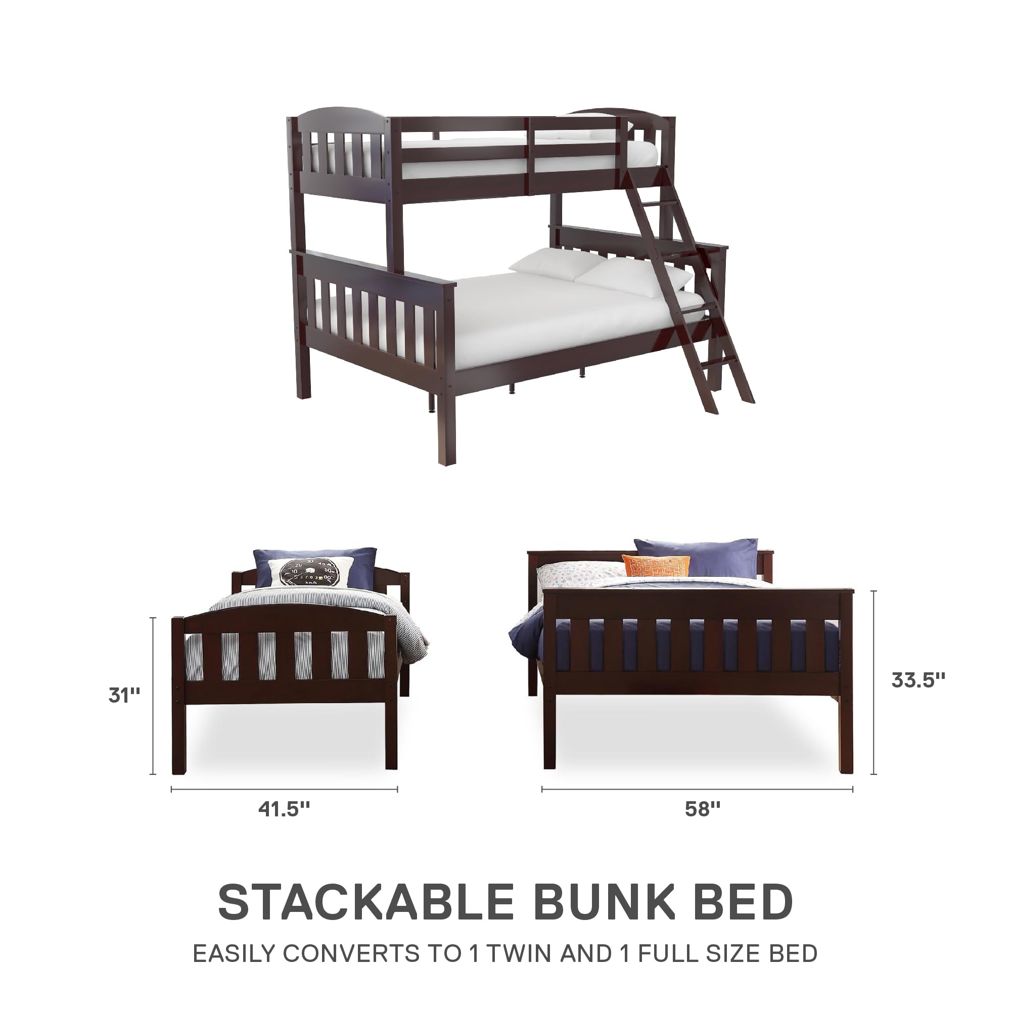 DHP Airlie Convertible Wood Bunk Bed for Kids & Teens - Twin Over Full Stackable Detachable Bed Frame with Angled Ladder & High Guardrail - No Box Spring Needed - Espresso Finish - Perfect for Small Bedrooms, Shared Kids Rooms & Sleepovers