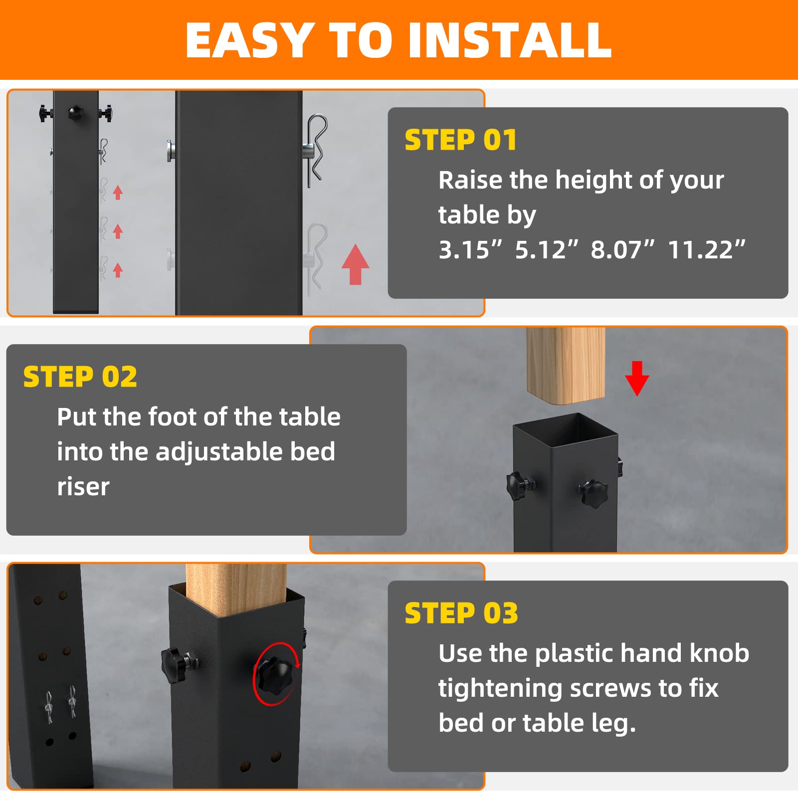 4 Pack Heavy Duty Carbon Steel Bed Risers - Adjustable Height 3.2