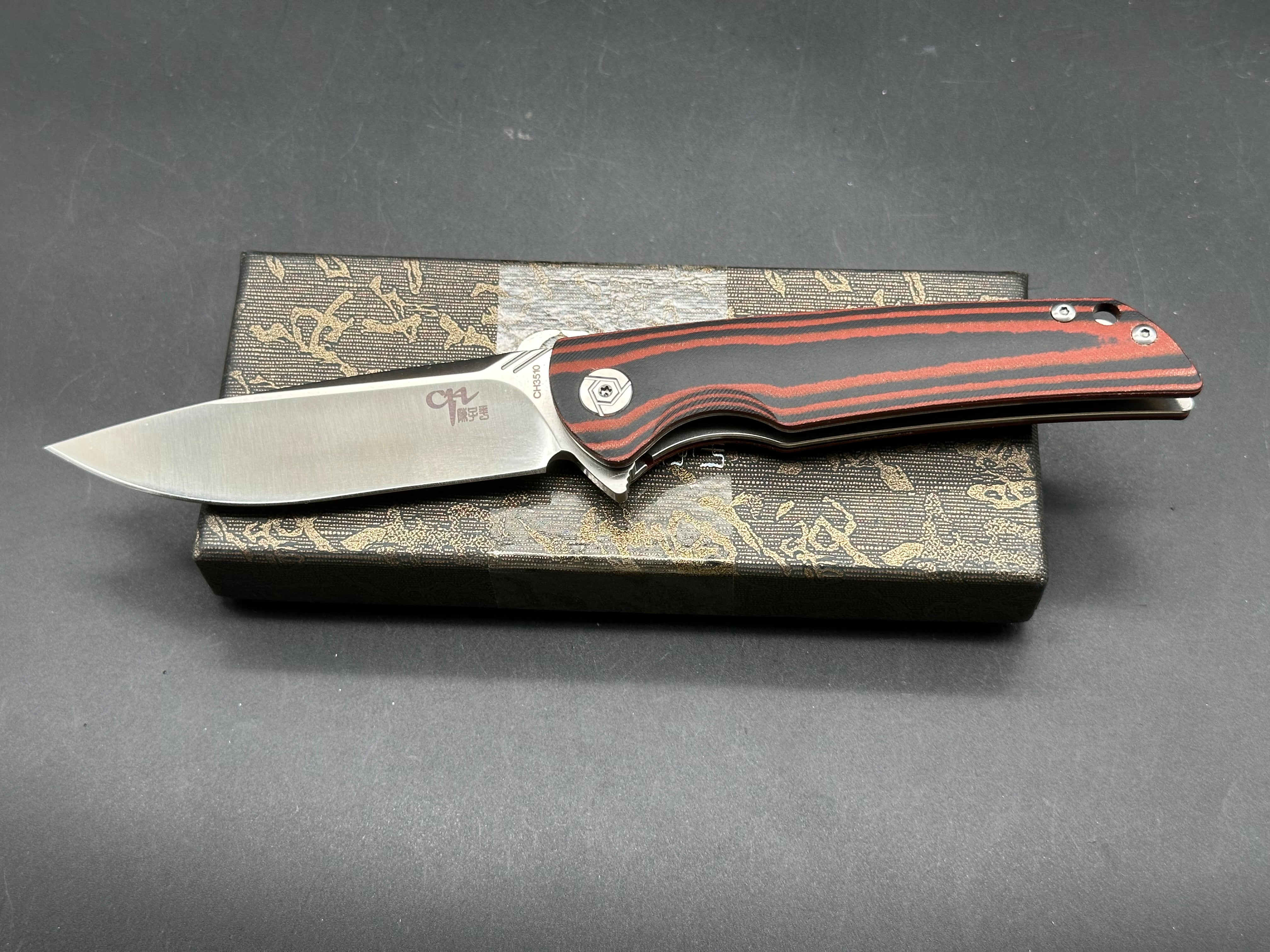 CH KNIVES CH3510 Folding Pocket Knife - D2 Steel Blade, Black/Red Micarta Handle - EDC, Camping, Hiking & Outdoor Survival Tool