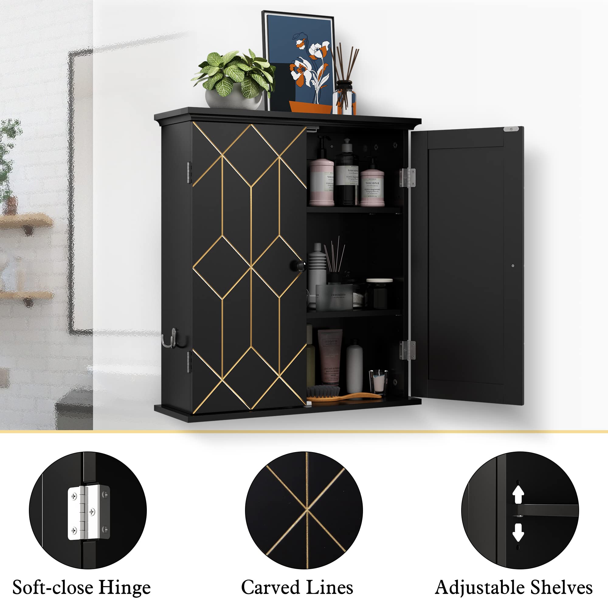 Gold Trim Wall-Mounted Bathroom Storage Cabinet with Adjustable Shelves & Hooks - Space Saving Medicine Cabinet for Bathroom, Living Room, Laundry - Classic Black Design for Modern Homes