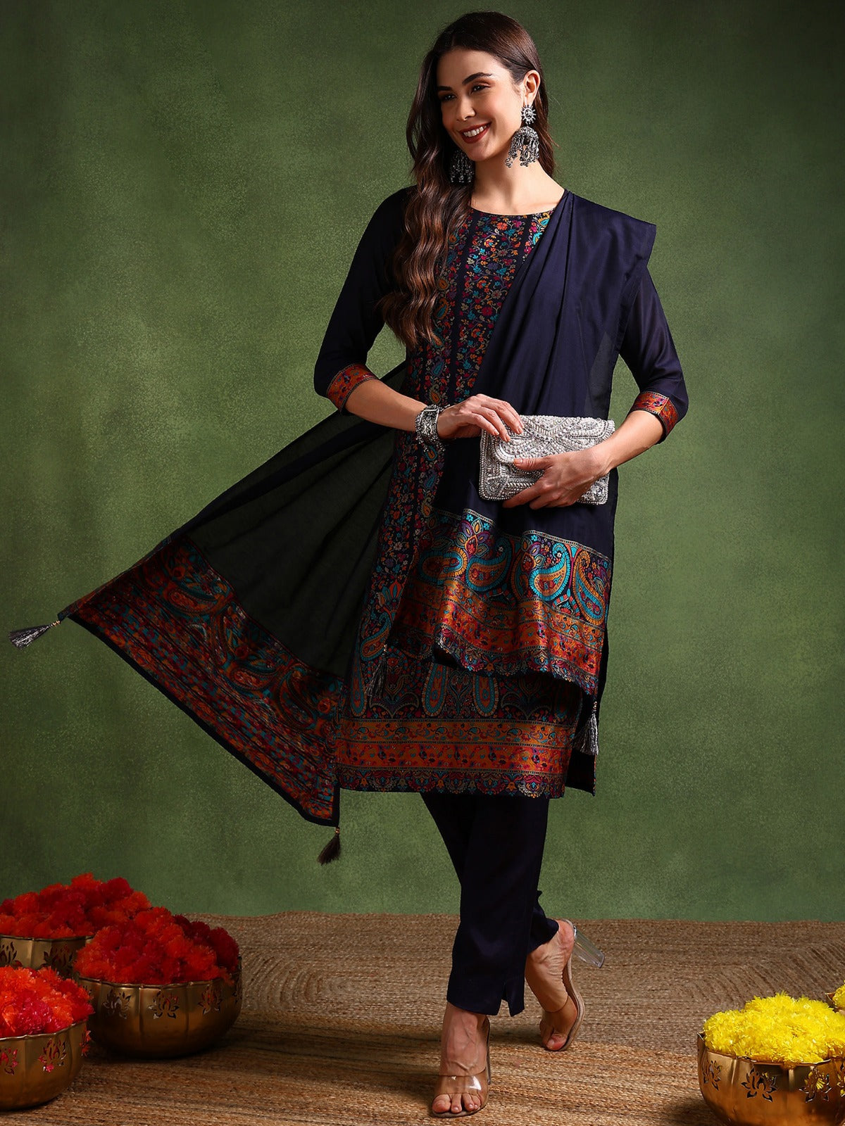 Elegant Navy Blue Chanderi Silk Kurta Set for Women - Traditional Indian Ethnic Wear for Festivals, Weddings & Special Occasions