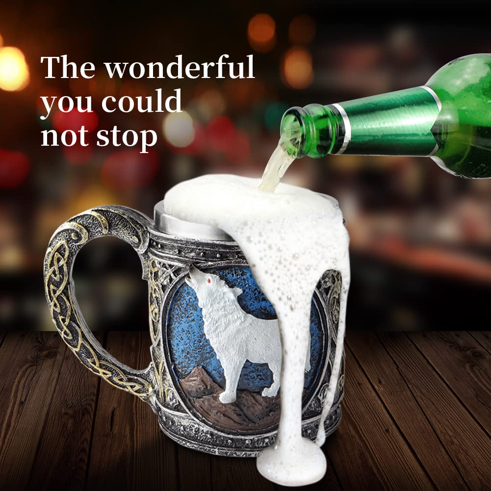 Stainless Steel Wolf Mug with Resin 3D Design - Insulated Travel Coffee Cup for Tea, Beer & Wine - Perfect for Camping, Office & Gifts (White Wolf)