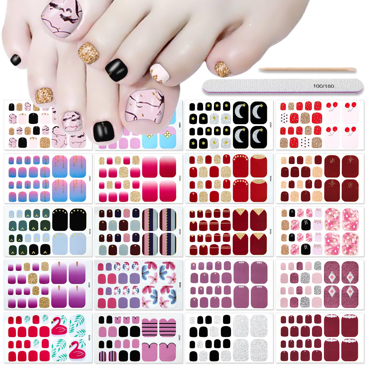 DANNEASY 20 Sheets Self-Adhesive Gel Nail Polish Strips for Women - Toe Nail Wraps & Manicure Stickers with Nail File & Cuticle Stick | Perfect for Pedicures, Home Nail Care & Party Looks