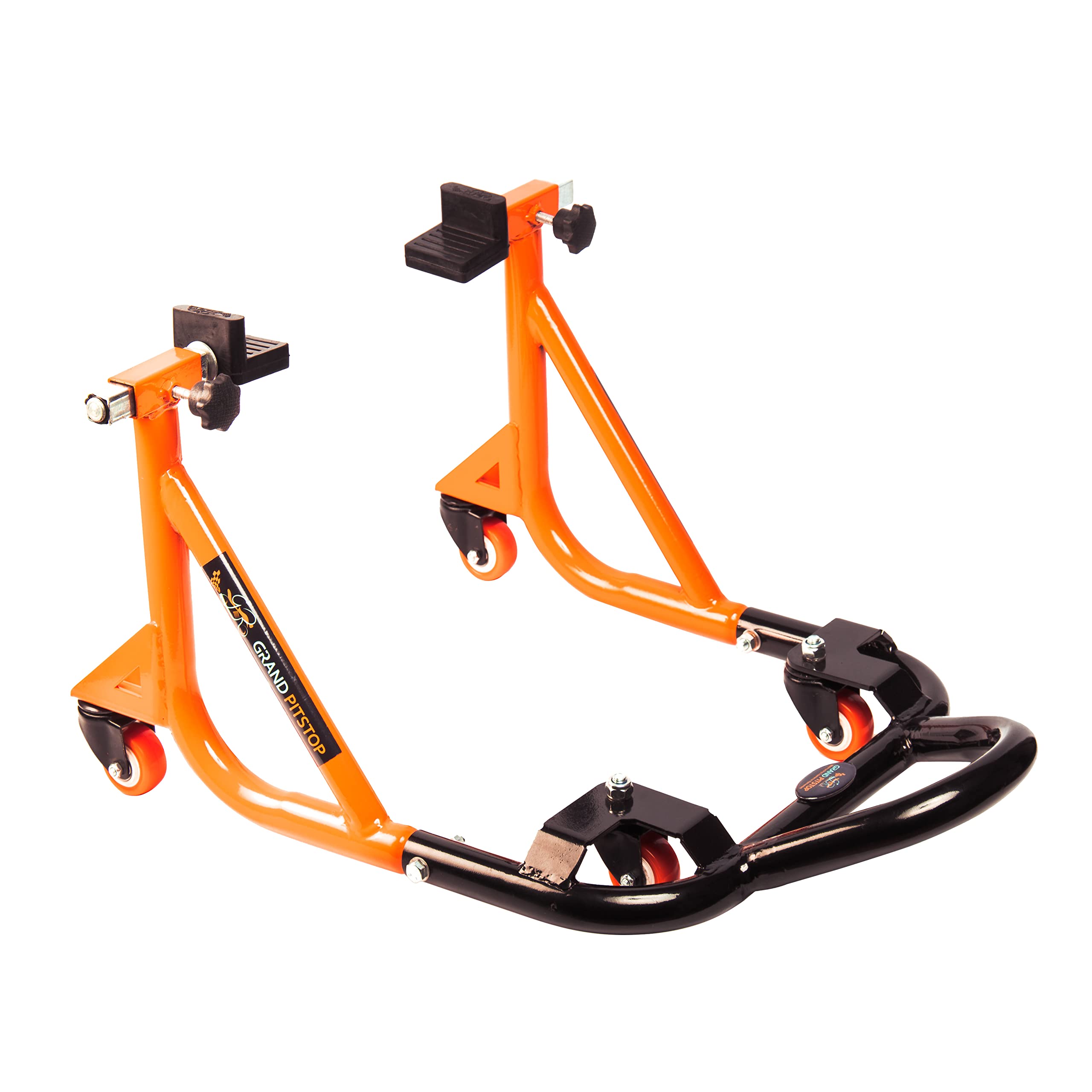Universal Adjustable Motorcycle Rear Paddock Stand with Swingarm Rest - 360° Rotatable, Supports Up to 500 lbs (226 kg) - Black & Orange - Perfect for Bike Maintenance, Storage & Transport