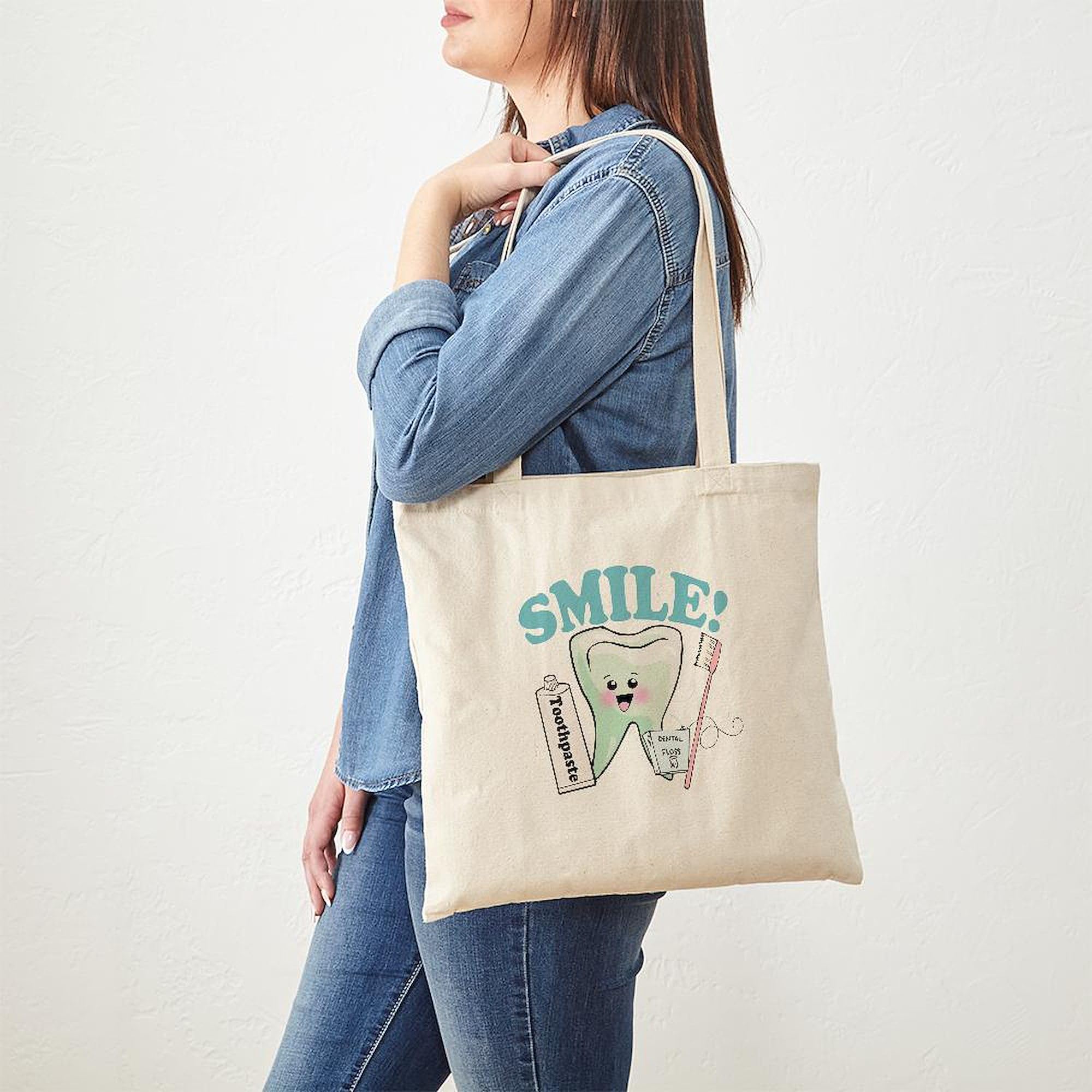 Smile Dentist Dental Hygiene Tote Bag - Natural Canvas Reusable Shopping Bag for Dental Professionals & Students | Perfect for Work, School & Groceries