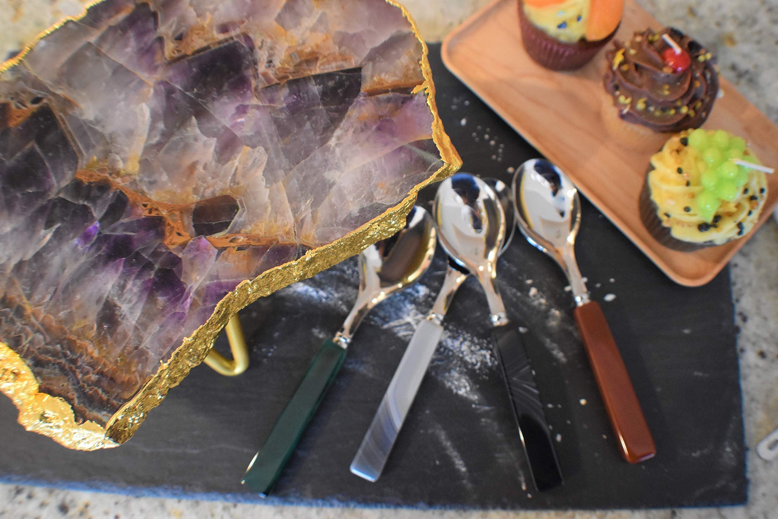 Premium Natural Amethyst Cake Stand with Gold Trim - Elegant Dessert Display for Weddings, Birthdays & Special Occasions