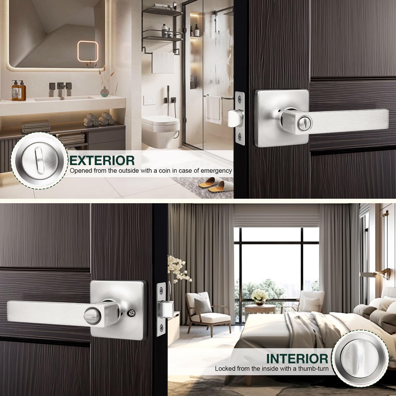 GOBEKOR 10 Pack Keyless Privacy Door Levers - Brushed Nickel Bedroom Door Handle with Lock, Square Interior Door Handles, Straight Lever for Home Security | Perfect for Bedrooms, Bathrooms & Private Spaces