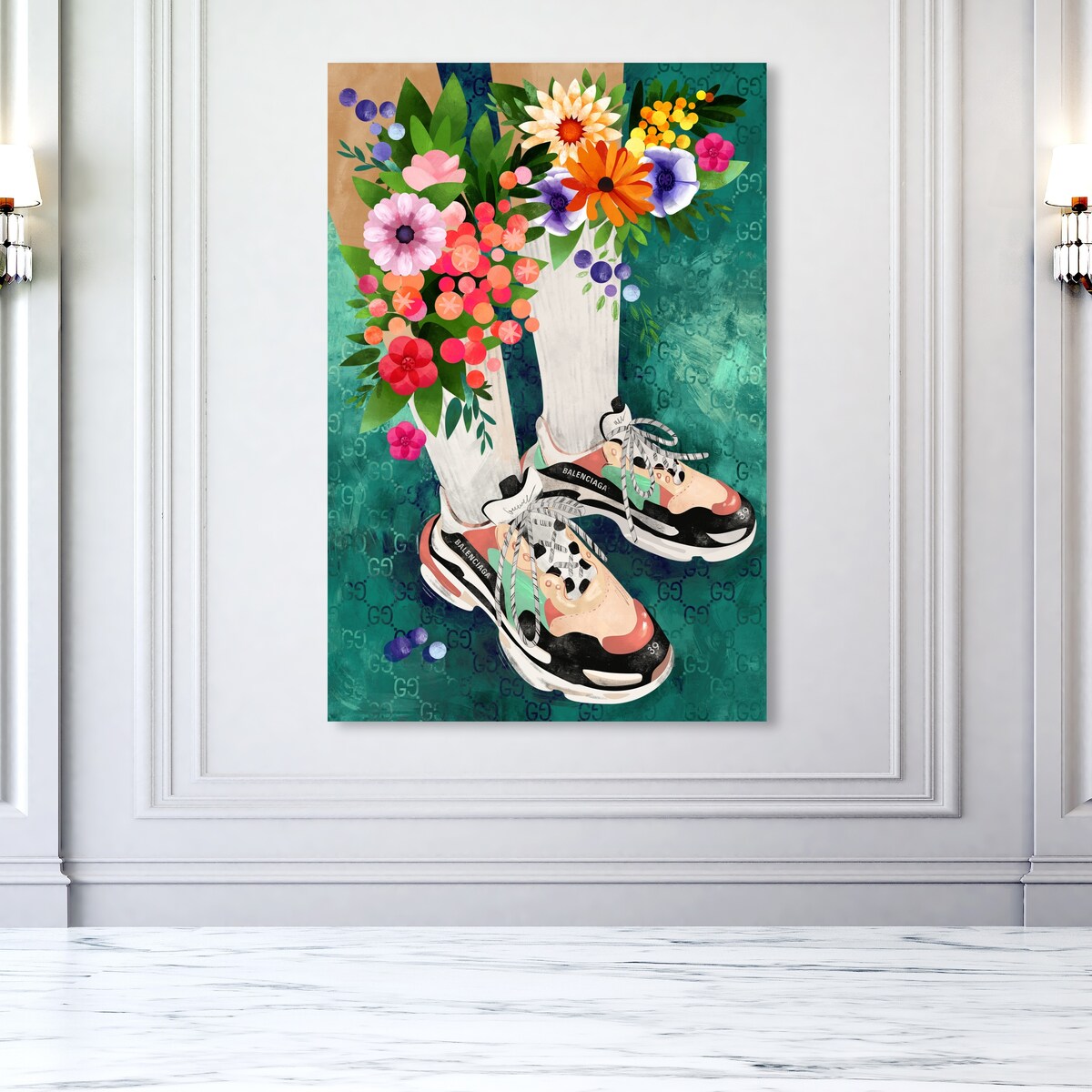 Stylish Floral Sneakers & Socks Set with Modern Green Canvas Wall Art Print - Perfect for Bedroom Decor and Casual Outfits