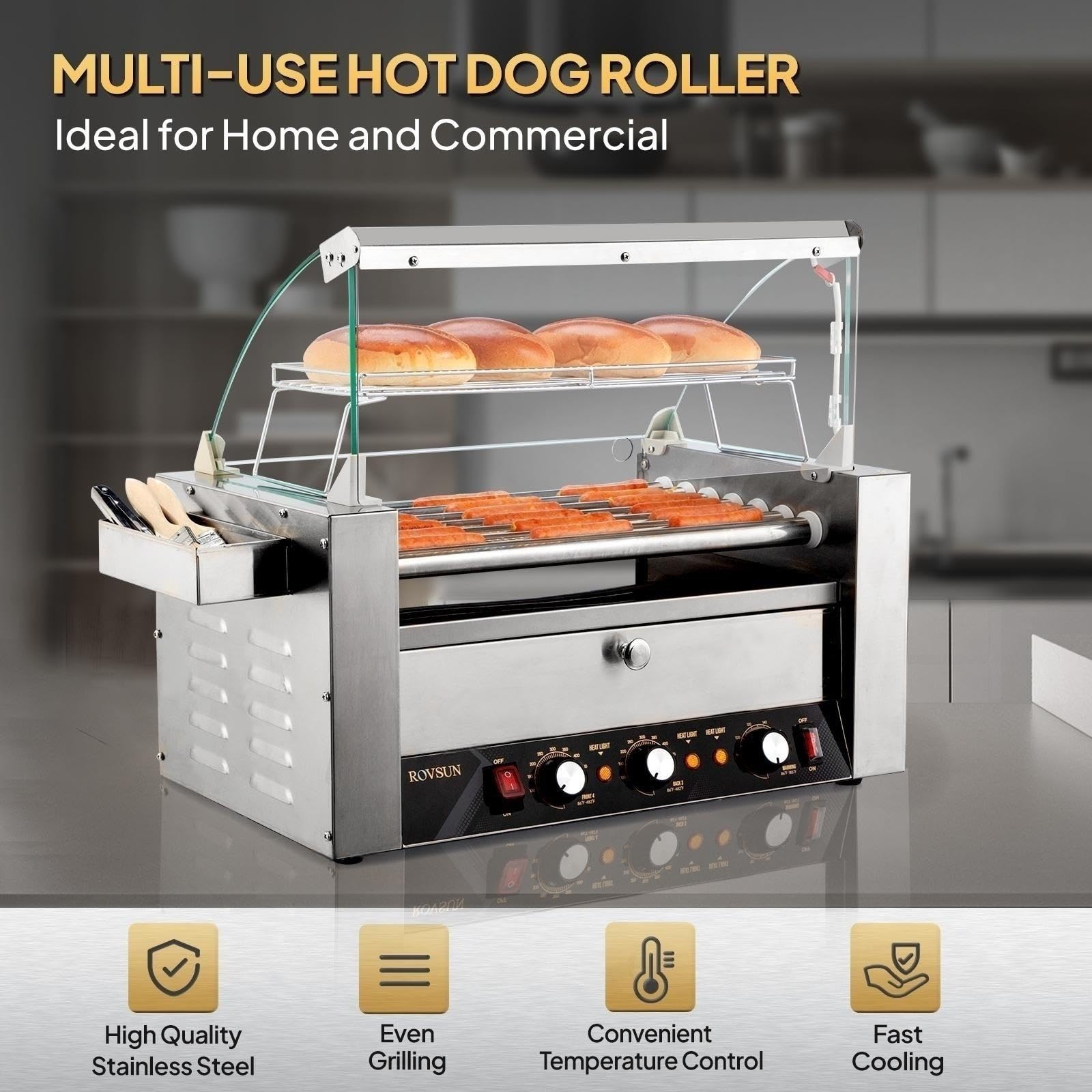 ROVSUN 7-Roller Hot Dog Roller Grill Machine with Bun Warmer - ETL Certified Commercial & Home Use, 1200W, Dual Temp Control, LED Display, Removable Shelf & Drip Tray - Perfect for Parties, Carnivals, Food Trucks & Restaurants