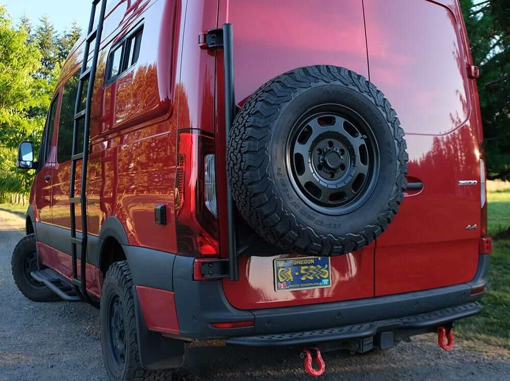 Flatline Van Co Rear Tire Carrier for 2019+ Mercedes Benz Sprinter Vans | Heavy-Duty Spare Tire Mount | Off-Road & Overlanding Accessories for Adventure Vehicles