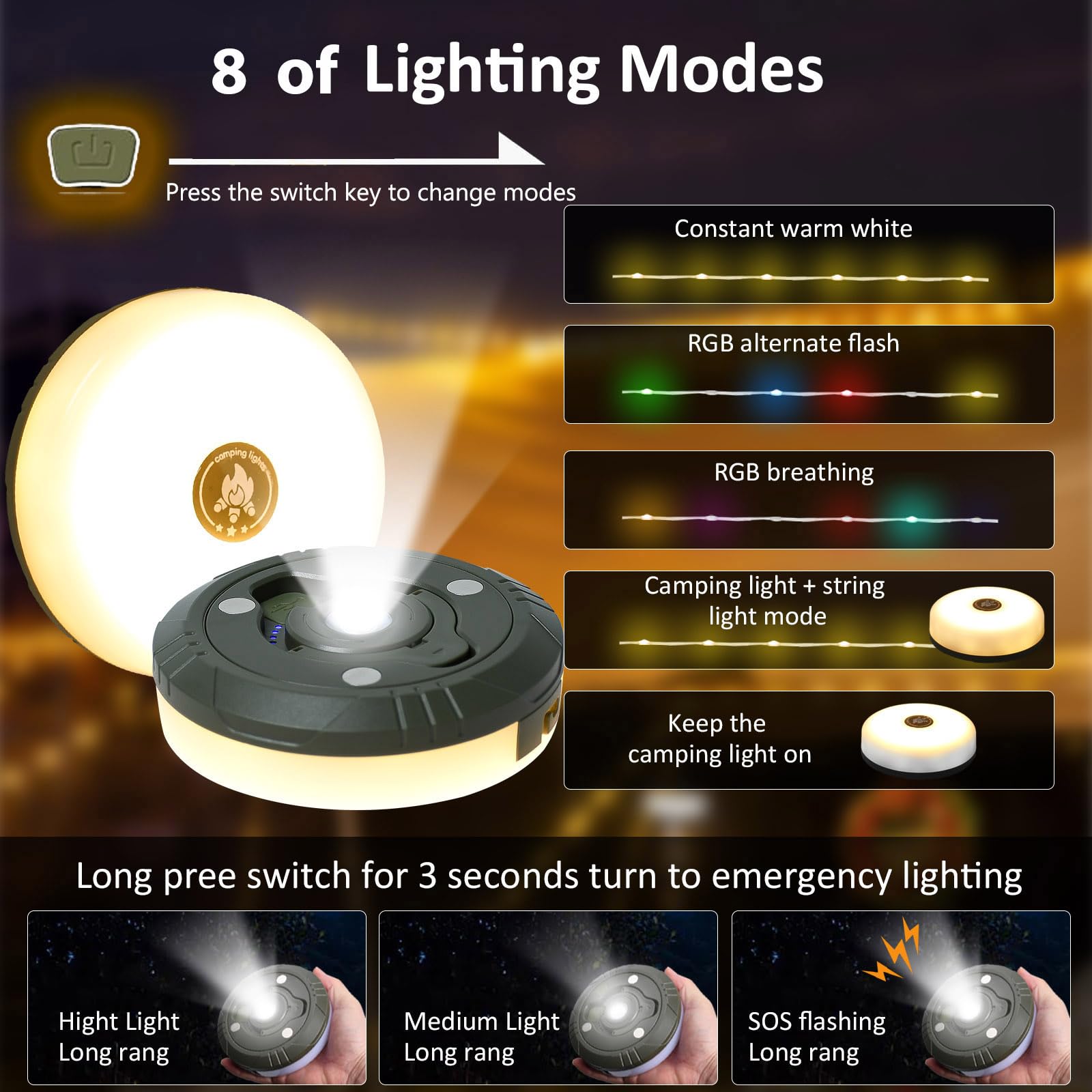 32.8FT USB Rechargeable Camping String Lights - 4-in-1 Waterproof Fairy Lights with 8 Lighting Modes & 30s Recovery, 2000mAh Battery for Tent, RV, Yard, Garden Decor | Perfect for Outdoor Camping, Hiking, Backyard Parties and Patio Lighting