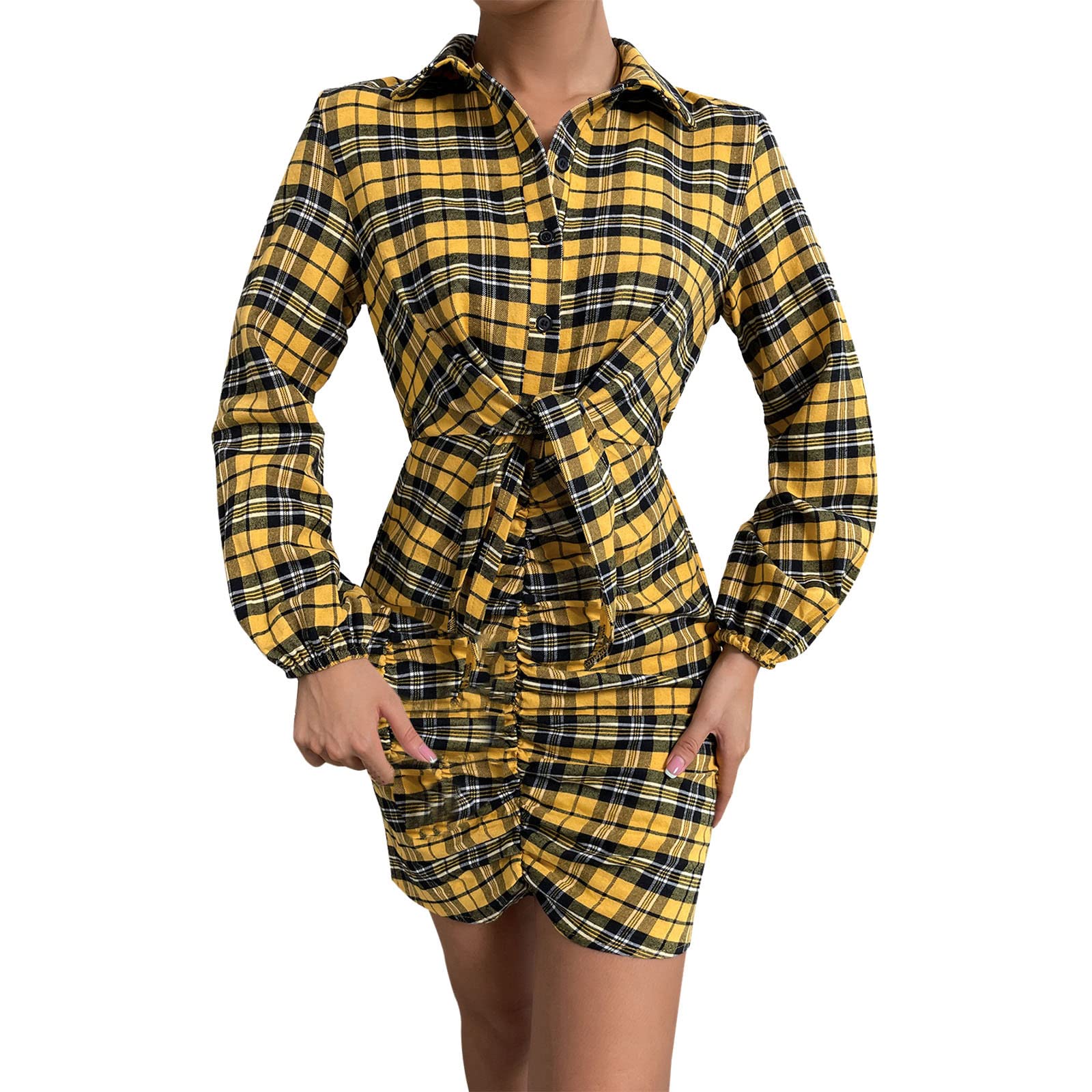 Sexy Plaid Long Sleeve Tunic Dress for Women - Casual Birthday Party Sundress & Everyday Wear